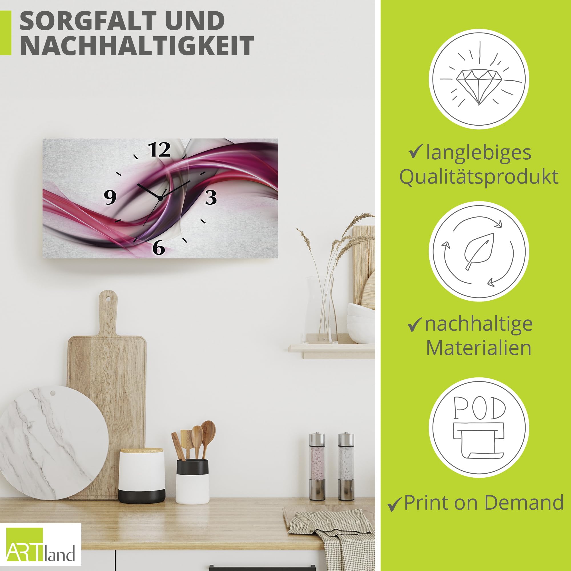 ARTLAND Wanddeko Wanduhr ohne Tickgeräusche Alu Quarzuhr 60x30 cm Eckig Lautlos 3D Design Welle Abstrakt Modern Ausgefallen S8UL