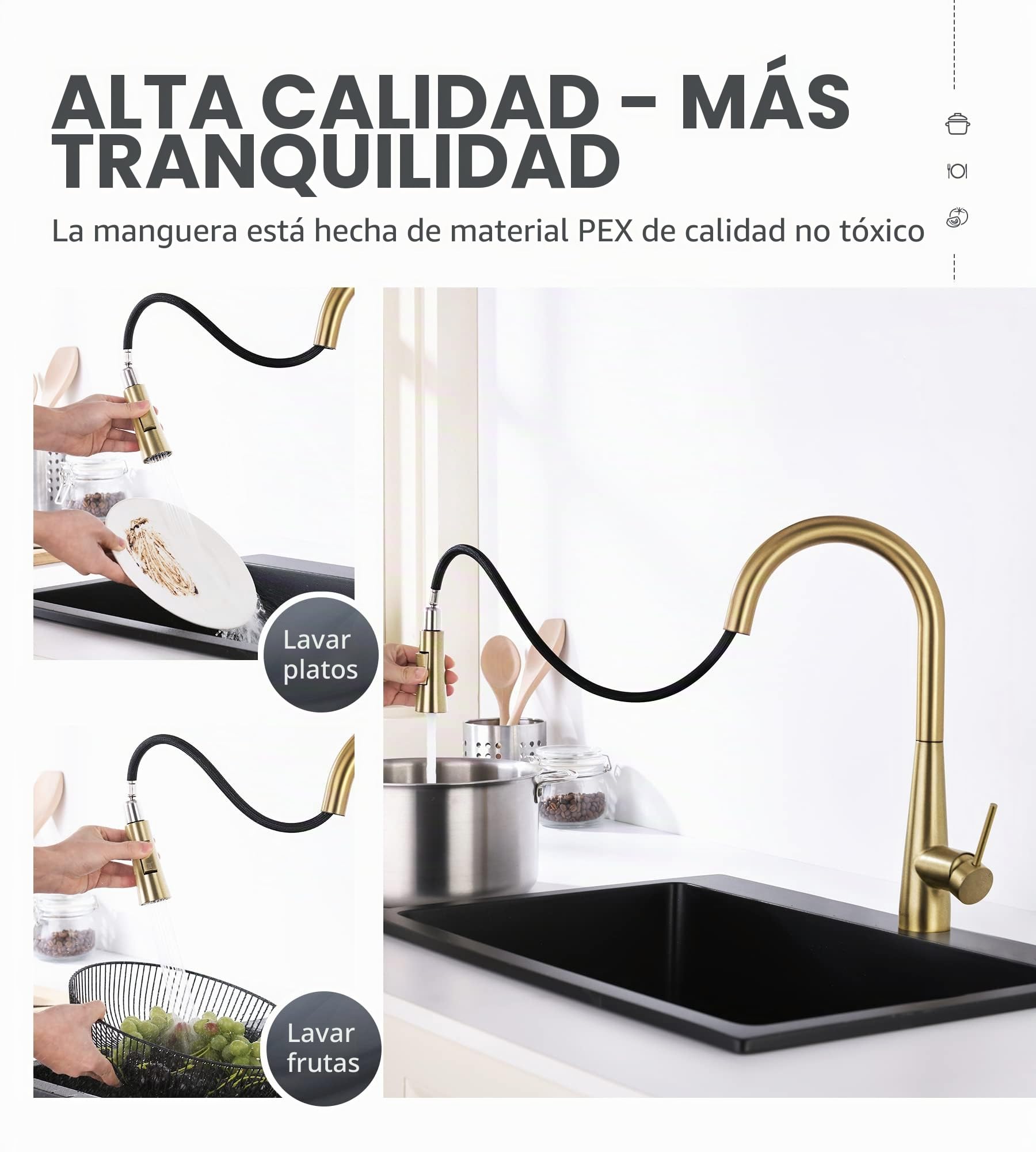 Tohlar Grifo de cocina dorado con rociador extraíble, grifo mezclador de acero inoxidable en acabado dorado cepillado
