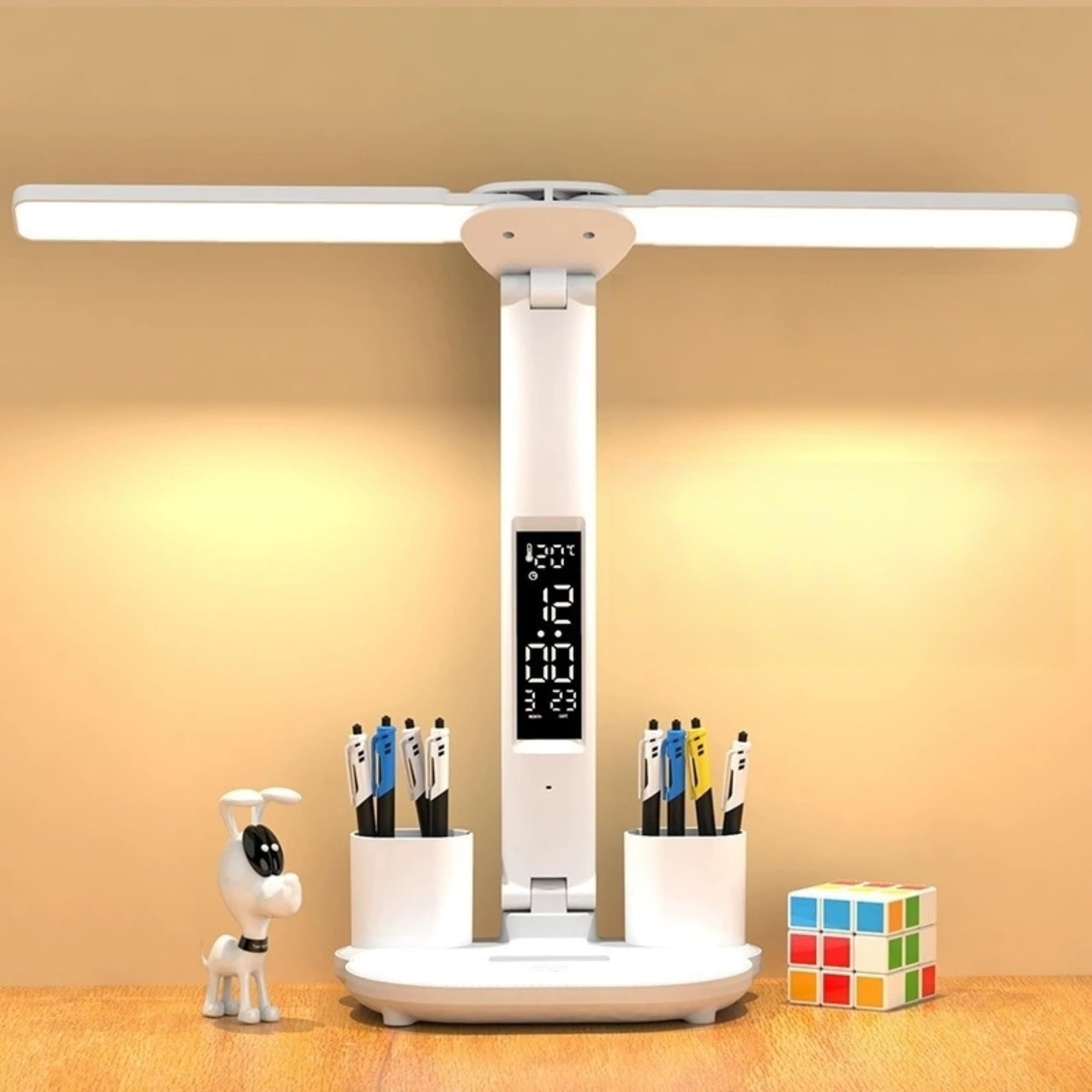SUQ LED Desk Lamp, Dual Swing-Arm Table Lamp with 3 Color Modes, Double Head Desk Lamp with Clock Date and Pen case