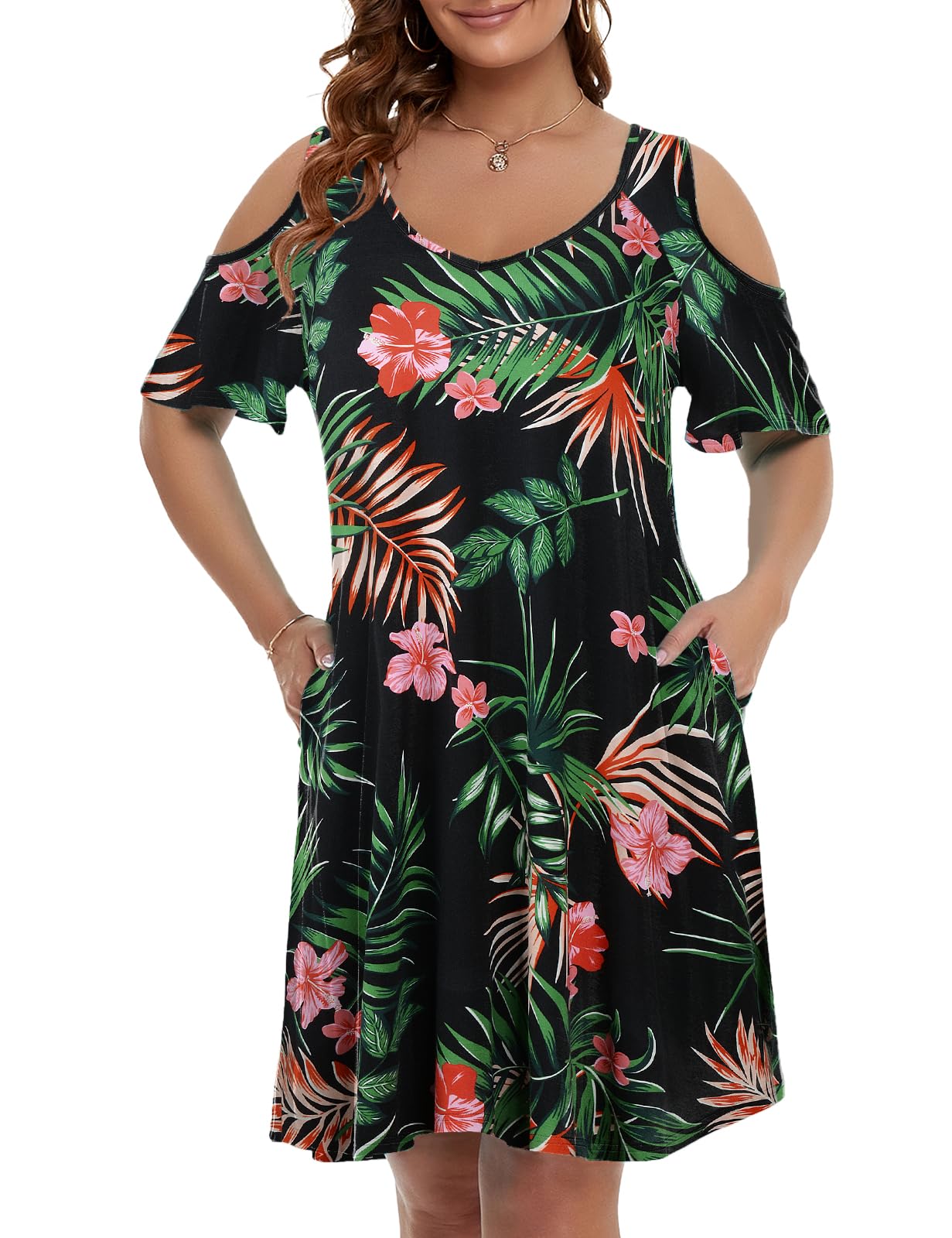 JollieLovin Womens Plus Size Short Sleeve Cold Shoulder V Neck T-Shirt Dress with Pockets