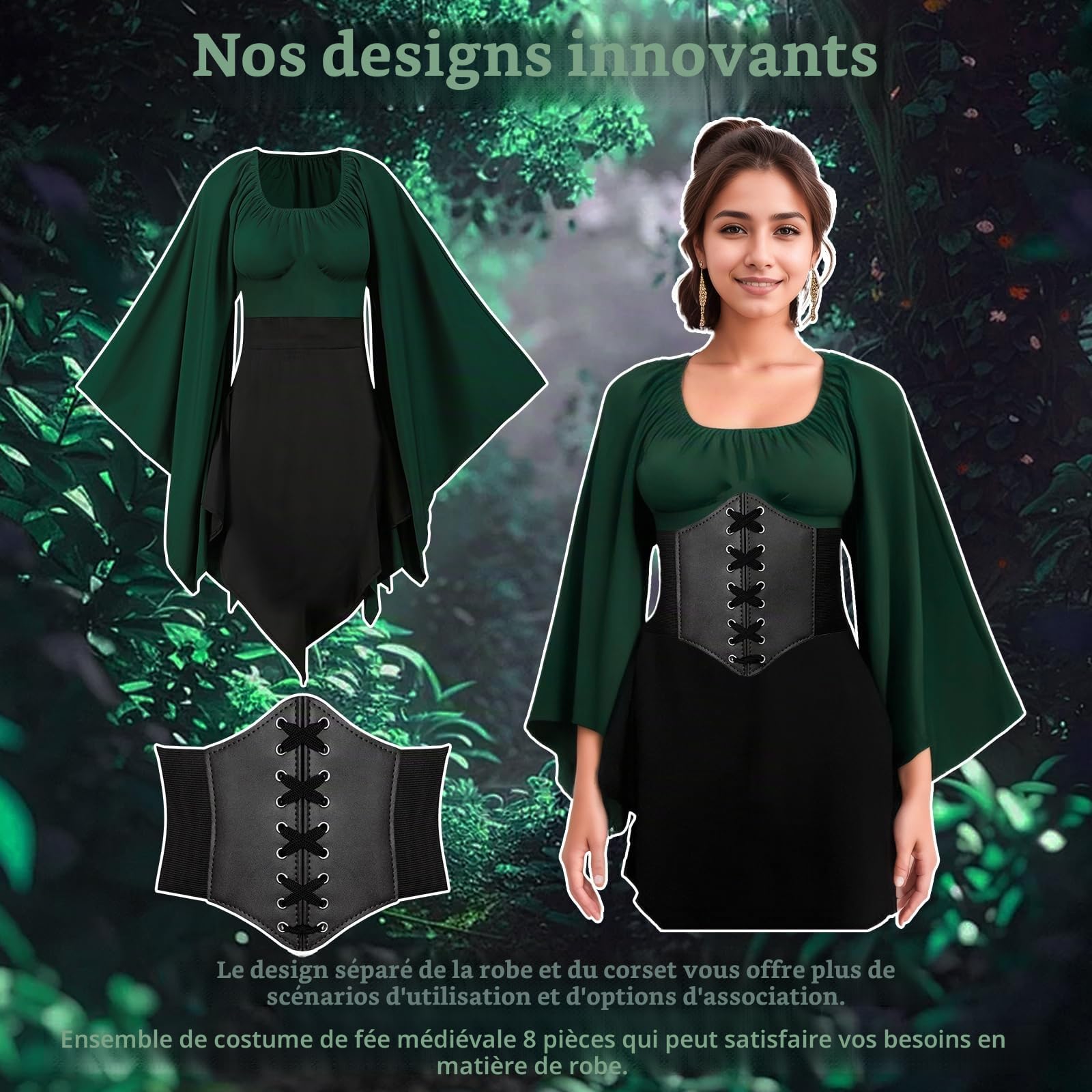 Lot de 8 robes médiévales pour femme - Robe irlandaise traditionnelle Renaissance avec oreilles d'elfe - Robe de cosplay victorienne d'Halloween