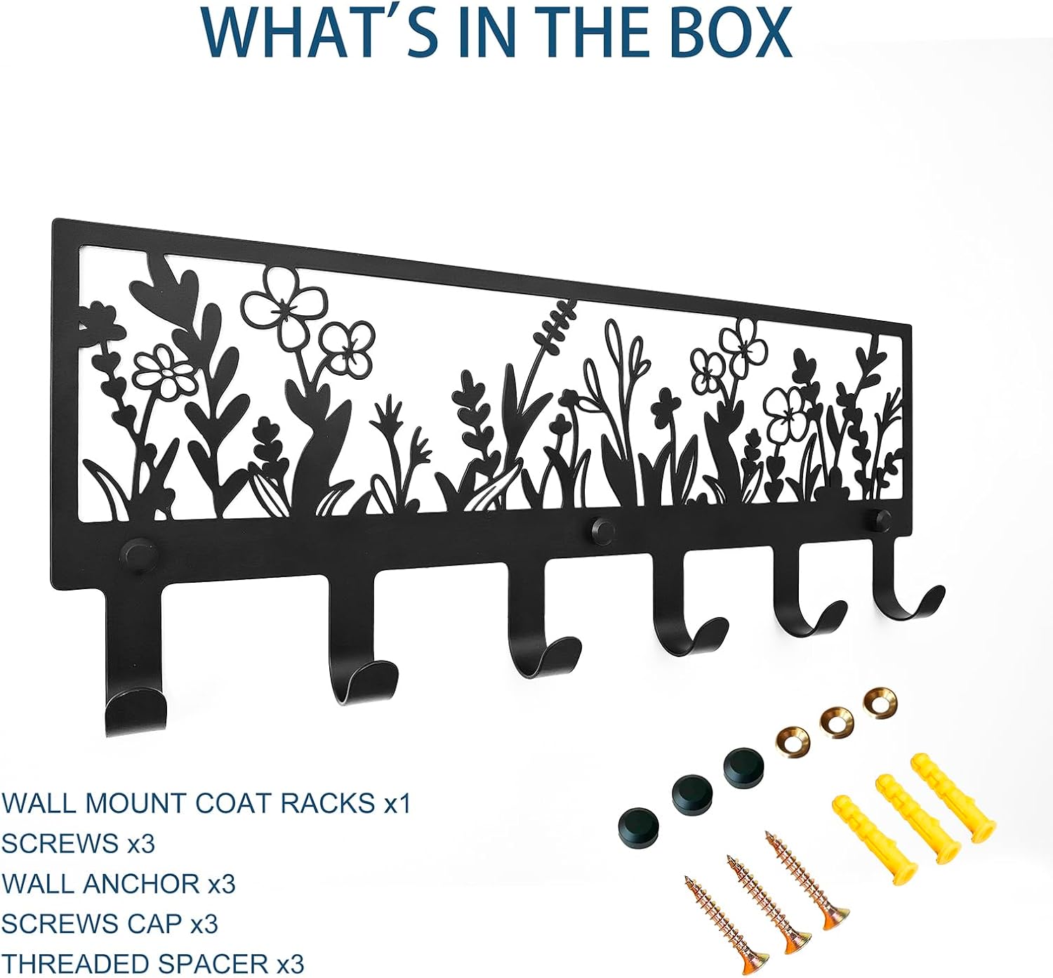 Floral Wall Mounted Coat Rack with 6 Hooks Decorative Black Metal Hanger for Coats, Hats, Bags, Keys,Towels - Ideal for Hallway, Bathroom, Kitchen, Office (15.55x5.98x1.22 Inches) - Image 5