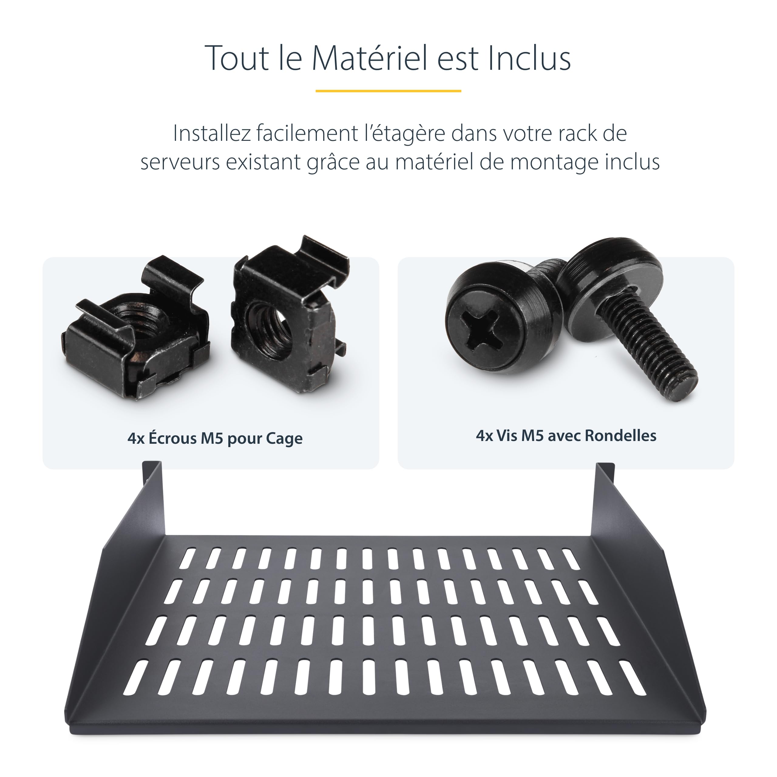 StarTech Étagère Ventilée Rack 2U, 41,5cm, 20kg (CABSHELFV2U-16-RACK) | Plateau, Montage en rack, Armoire, Acier SPCC, Écrous et vis