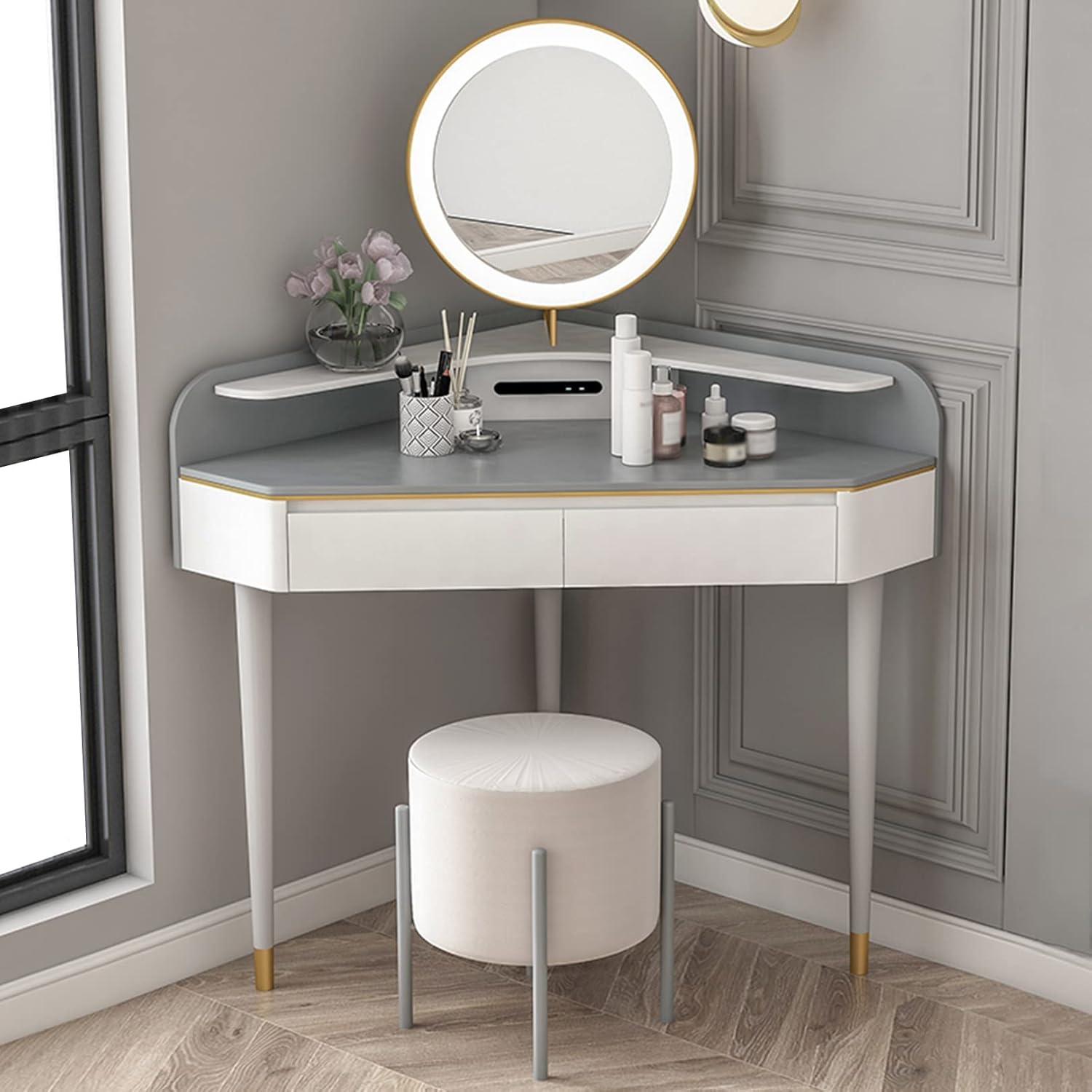 OYhmc Corner Dressing Table Set, Makeup Desk with Mirror