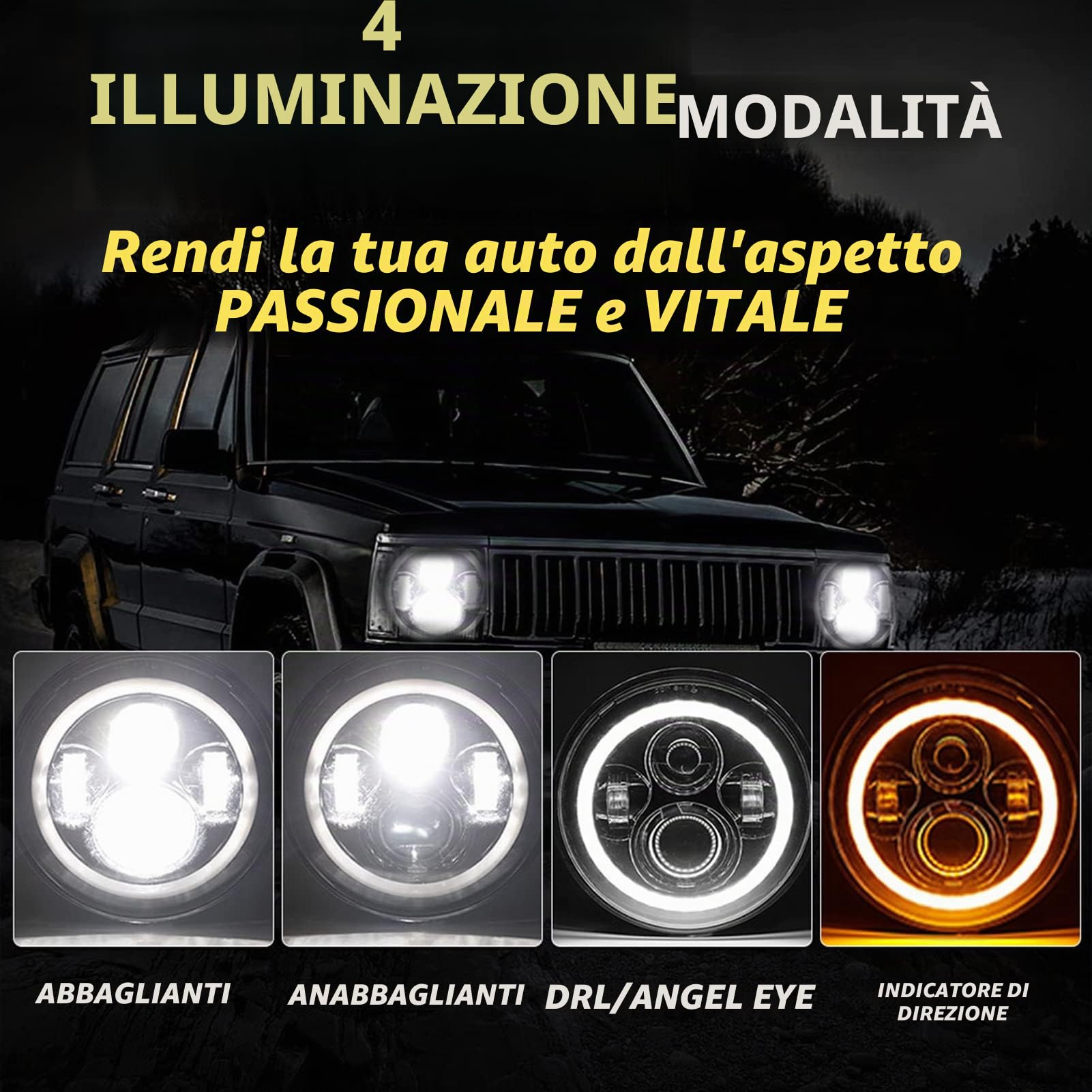 Fari Led H4 140W Angel Eyes 4 Modalità 14000LM 9V-30V Auto Moto, 6000K Bianchi / 3000K Ambra Ring per Camion Autobus Fuoristrada ATV Escavatori