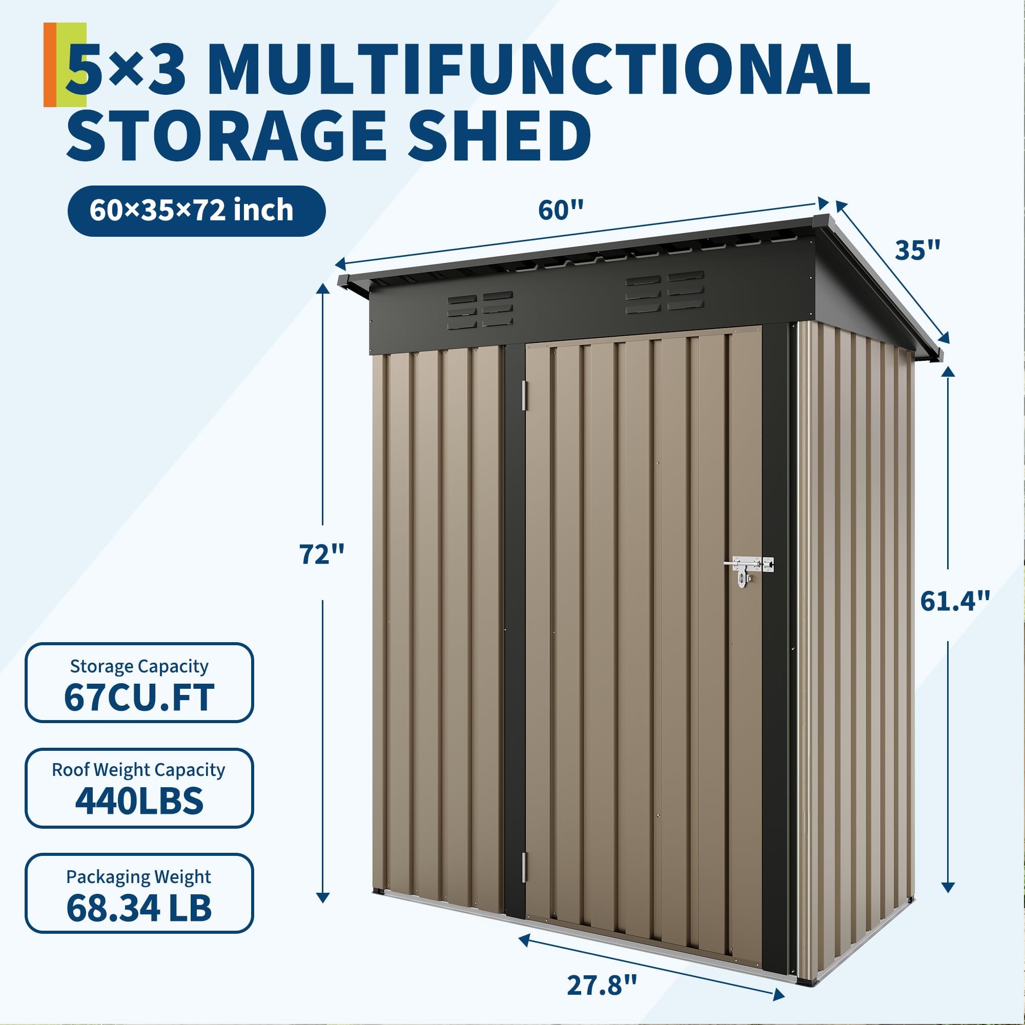 5×3 ft Outdoor Storage Shed, 67 CU.ft Metal Tool Shed with Sloping Roof and Lockable Door, Compact Garden Shed for Backyard, Patio and Lawn Organization, Brown - 2