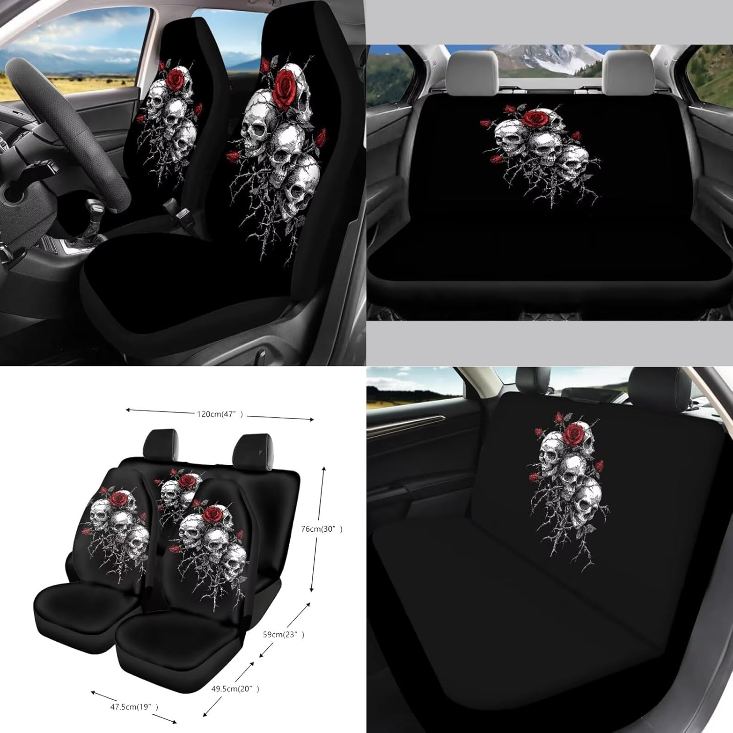 Skull Rose Pattern Car Accessories Set of 15, Full Set Seat Covers with Car Steering Wheel Cover Seatbelt Strap Shoulder Pad Coasters Trash Can Air Vent Storage Bag