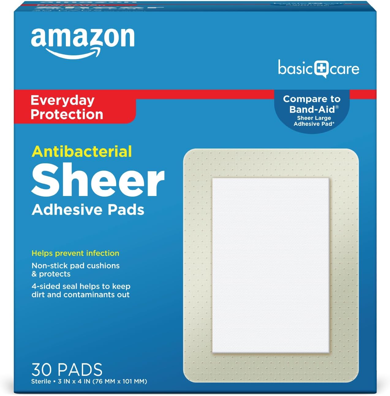 All-Health Antibacterial Sheer Adhesive Pad Bandages, 3 in x 4 in, 30 ct