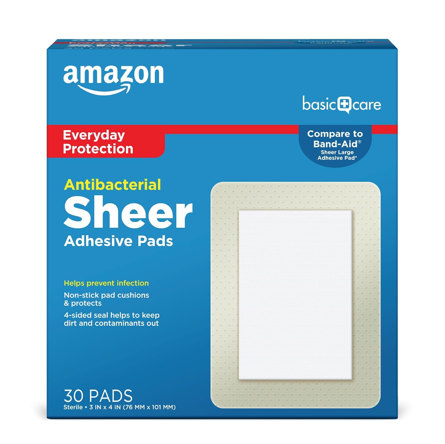 Amazon Basic Care Sheer Adhesive Pad Bandages Extra Large Comfortable Non-Stick Pad All Skin Types 30 Count 3x4