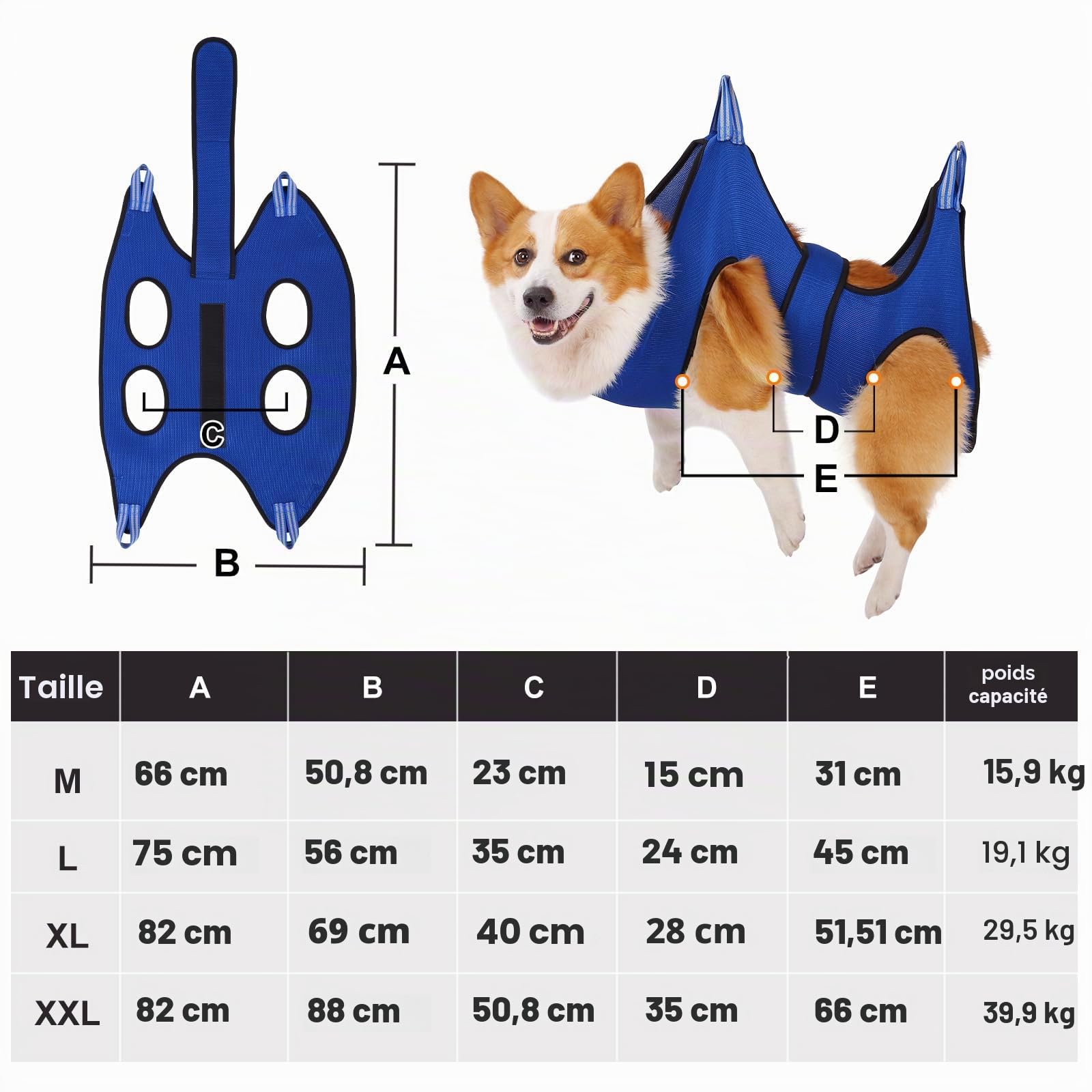 Kkiimatt Hamac de toilettage pour chien, harnais pour chiens de taille moyenne/chat géant, coupe des ongles avec pince/lime, sangle large cousue sur sac de retenue pour animaux de compagnie, bleu