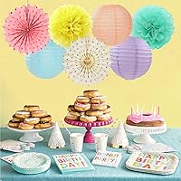 Vista 7 de Serpentinas de Decoraciones de Fiesta Arcoíris Pastel - 14 piezas Suministros de Cumpleaños para Niños y Niñas, Abanicos de Linternas de Papel Rosa