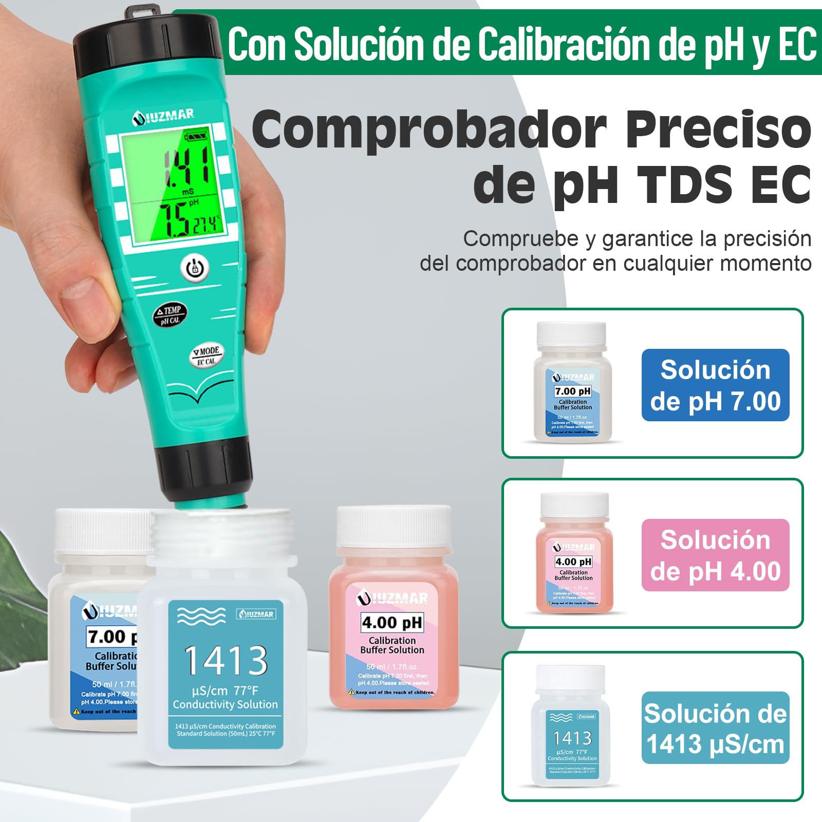 Medidor de pH EC Hidroponia UIUZMAR, Medidor de pH de Agua Digital, Medidor de pH y TDS para Cultivo Hidroponia, Medición Simultánea de pH, EC y TDS para Aeroponía, Acuarios, Estanques y Peceras