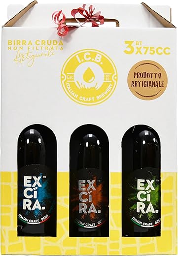 Artisan Italian Raw Beer Excira Tris of 3 Bottles of 75cc - 1 IPA Indian Pale Ale, 1 APA American Pale Ale, 1 Weiss- Produced by I.C.B. Italian Cradt Brewery