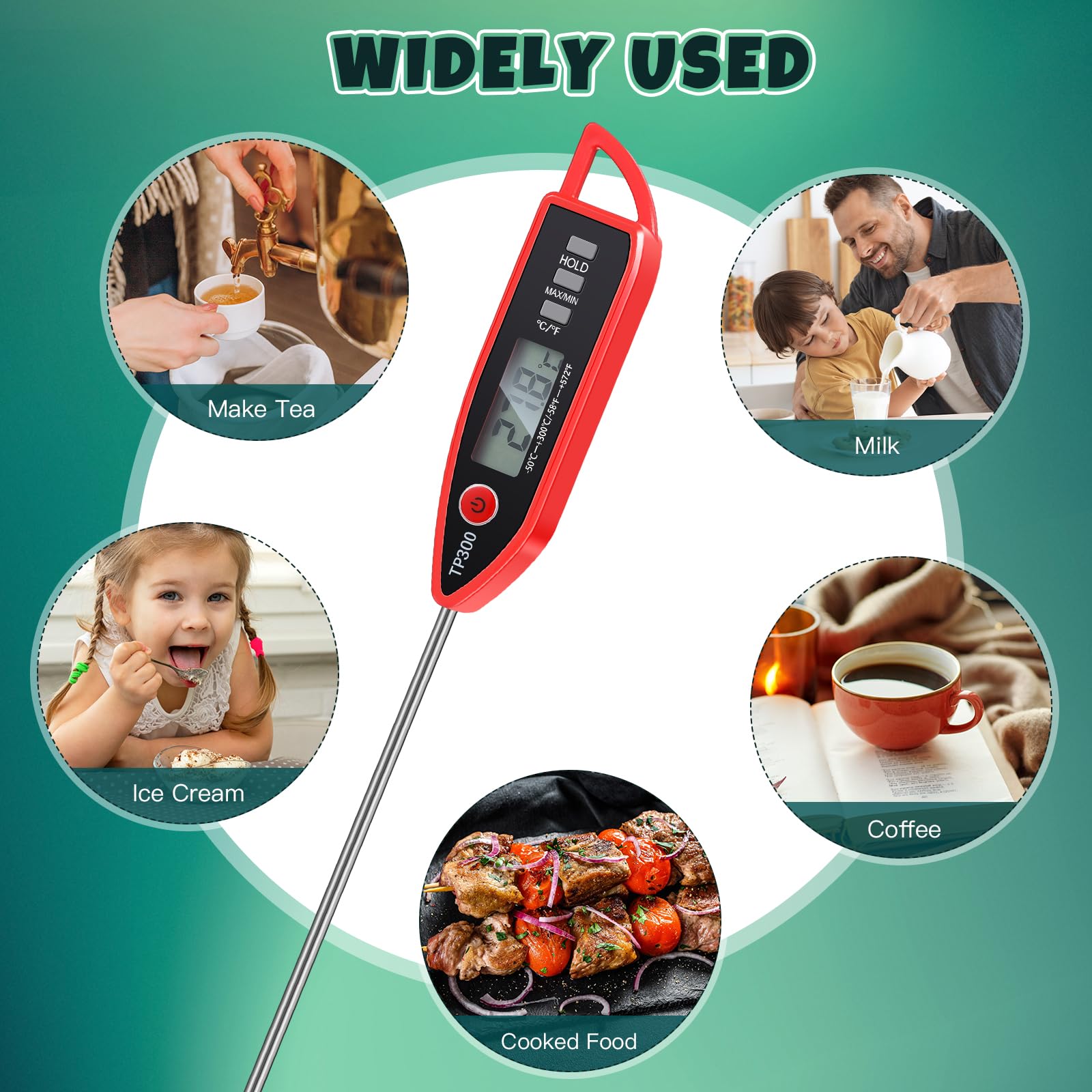 Copkim Termometro digitale impermeabile per acqua, liquidi, candele e carne, con sonda lunga, lettura istantanea, per cucina, barbecue, grill e caramelle (rosso)