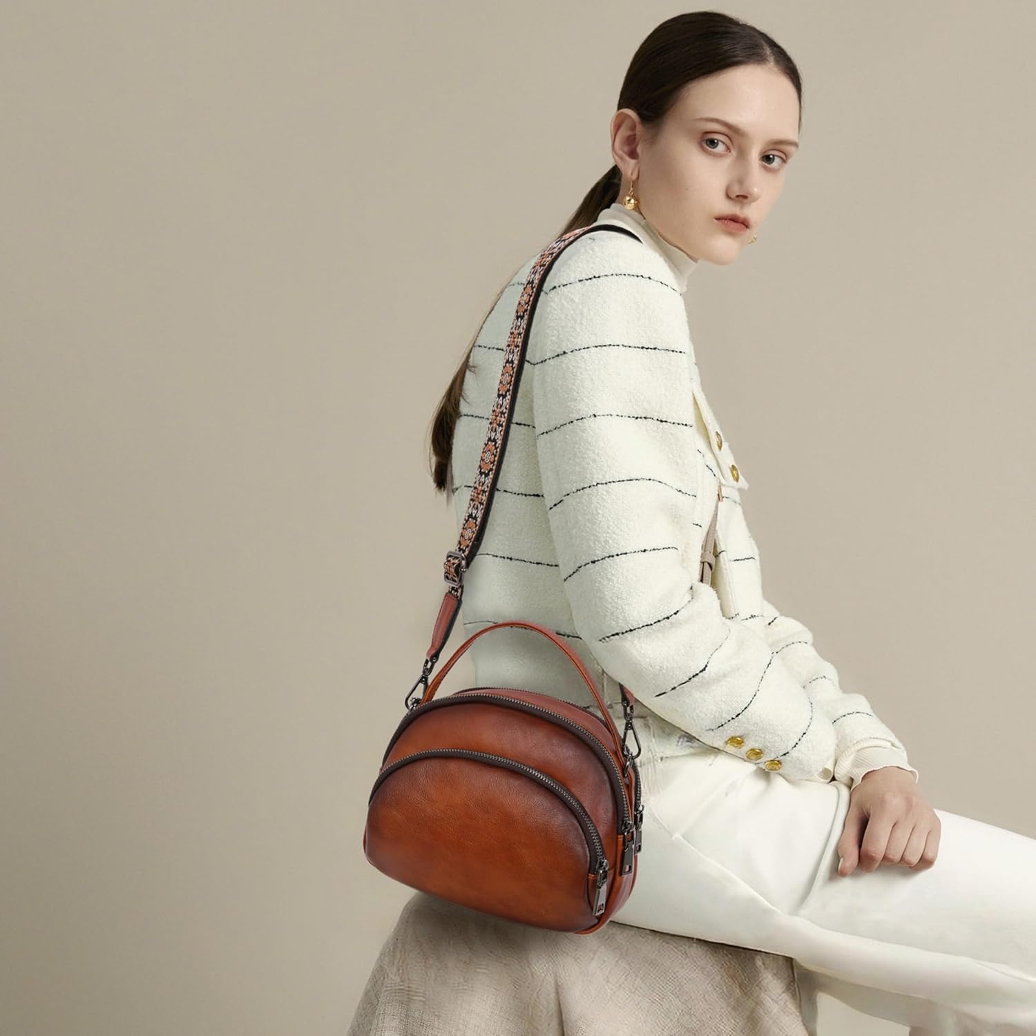 HESHE Genuine Leather Crossbody Bags Leather Purses for Women Vintage Small Shoulder Handbags with Multi-Pockets - Image 8