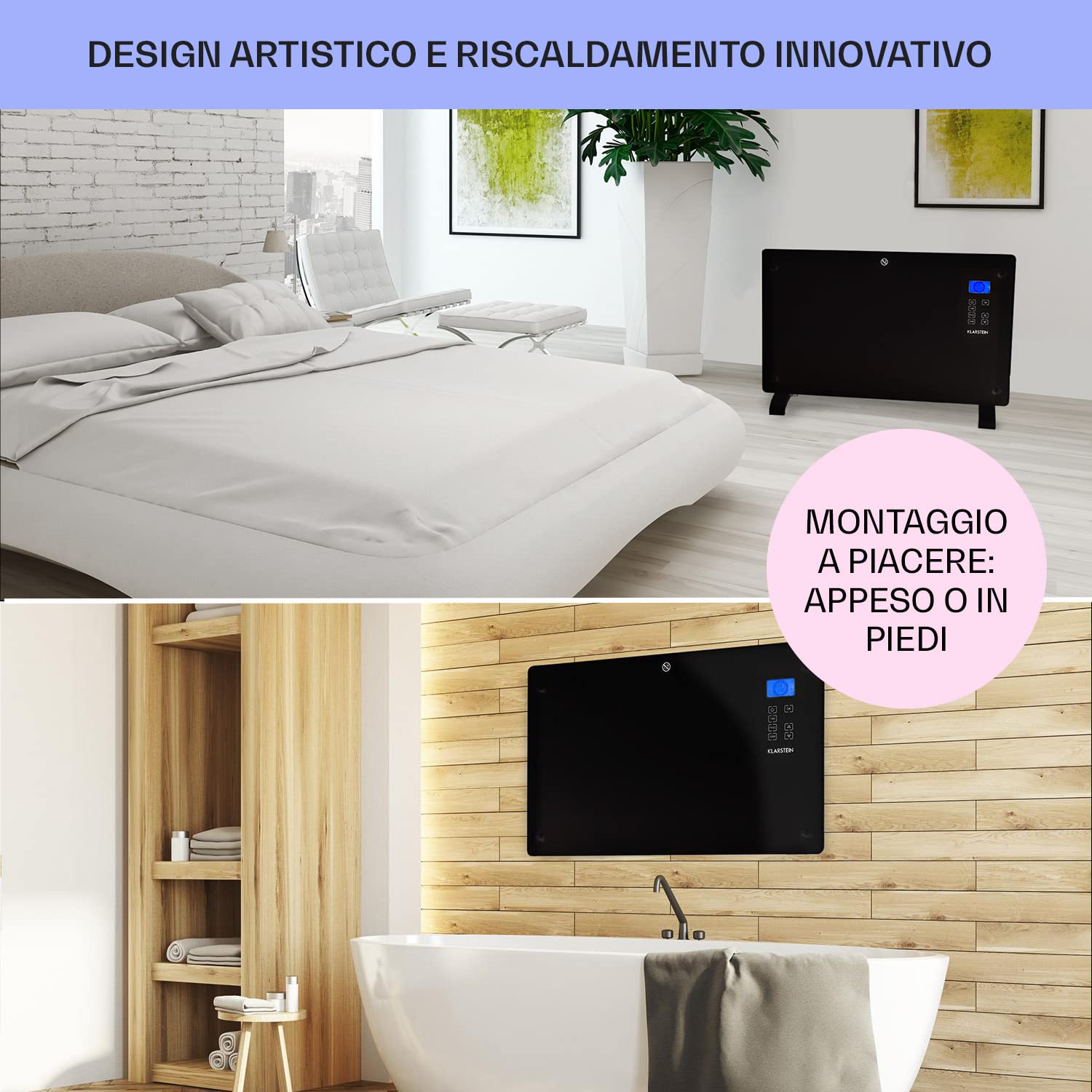 Klarstein Stufa Elettrica Basso Consumo, Stufa Elettrica 2000W, Termoconvettore con Rotelle, Termosifone Elettrico Portatile, Termoconvettore a Parete con Termostato, Stufetta per Casa