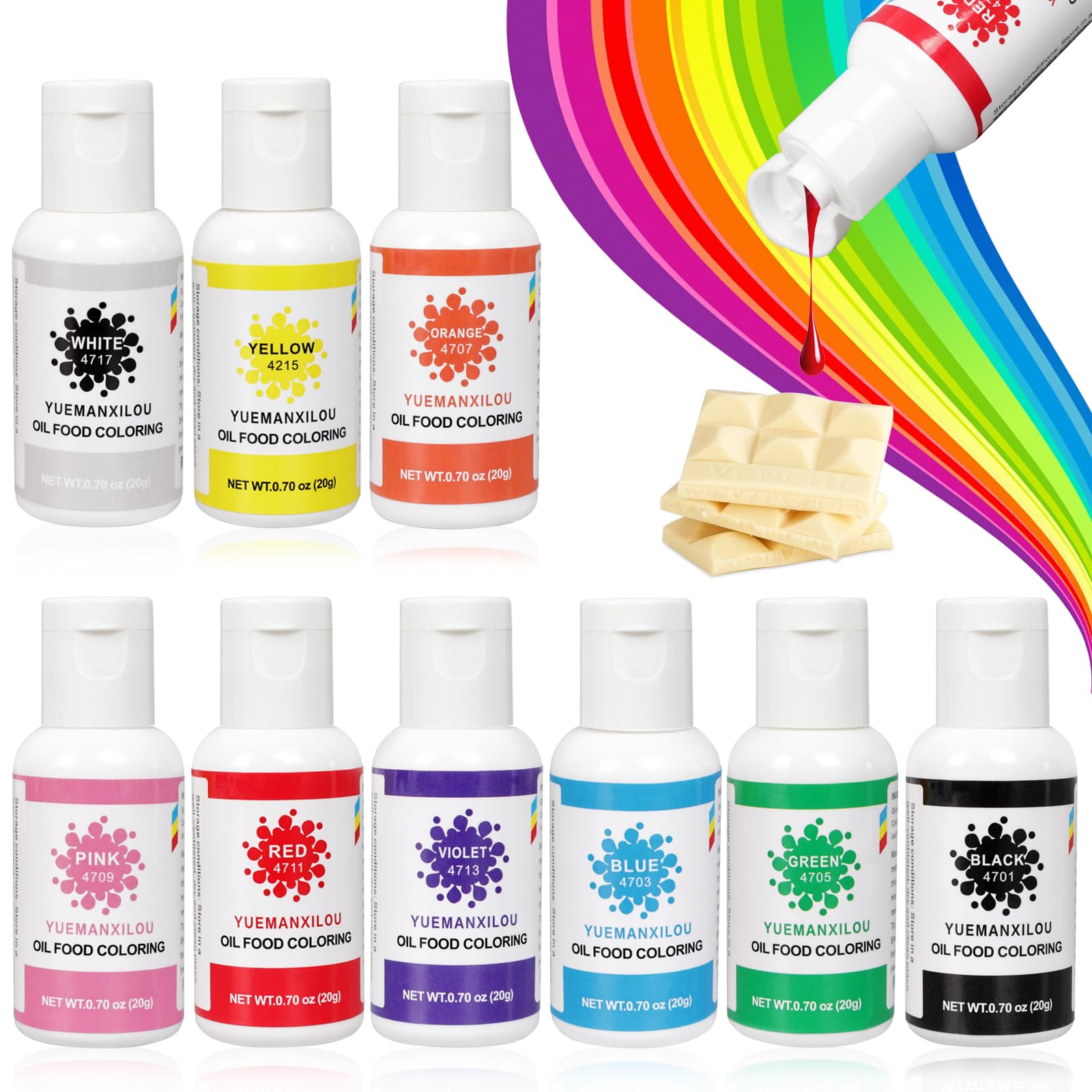 YUEMANXILOU Oil Based Food Coloring, 9 Colors Chocolate Food Coloring, Professional Oil Food Coloring for Halloween Cake Decorating, Baking, Candy Melts, Frosting (0.70fl.oz/bottle)