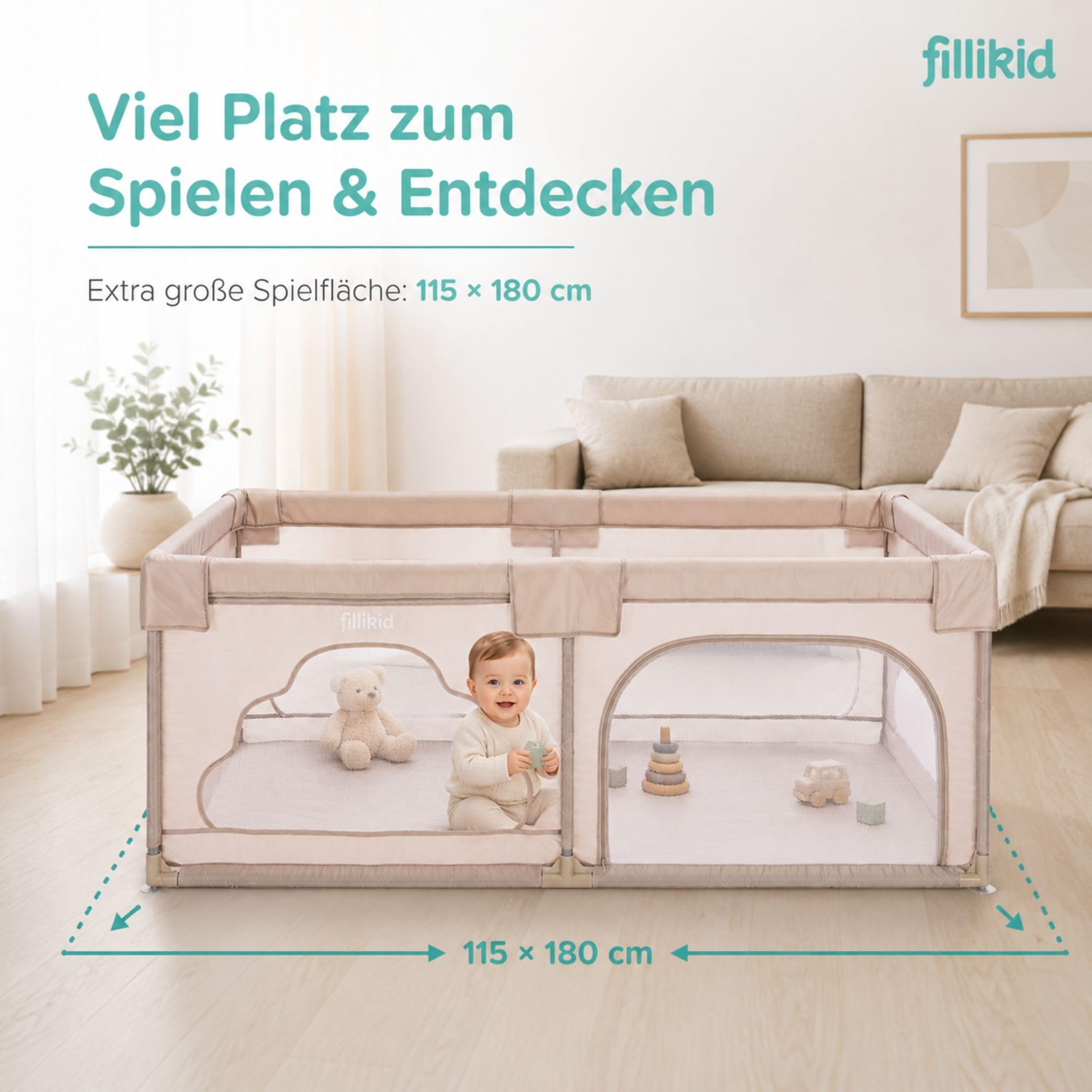 Fillikid Laufgitter Perth 115x180 cm Baby Laufstall XXL Metall