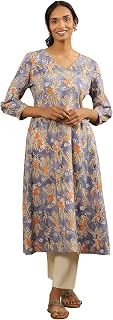W for Woman Folksong by W Women Blue Floral Print Cotton Flared Kurta Price In India