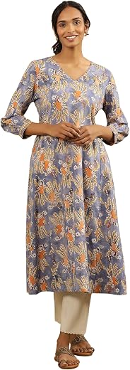 W for Woman Folksong by W Women Blue Floral Print Cotton Flared Kurta