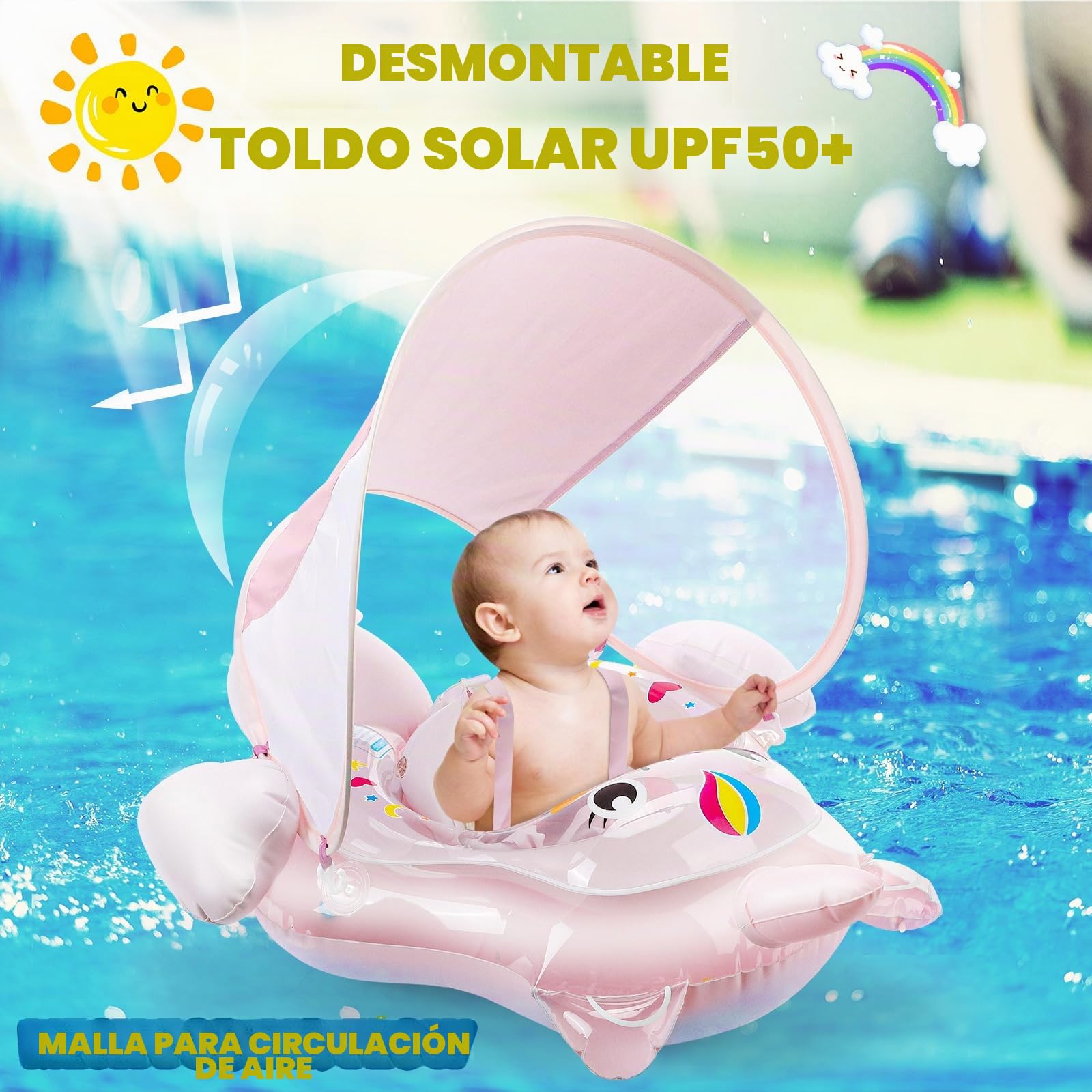 Flotador para Bebé, Flotador Bebe con Sombrilla SPF50+, Flotador Bebe Inflable con Cola de Apoyo Inferior Flotadores de Piscina para Bebés con Asiento Seguridad y Bomba para Bebé 8-24 Meses