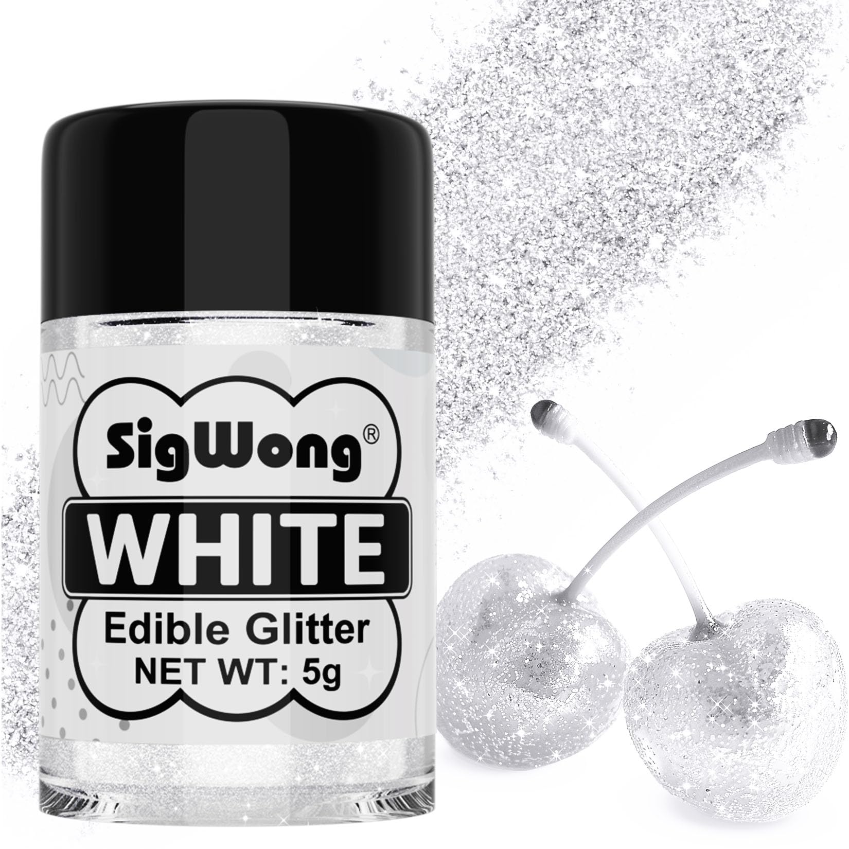 White Edible Glitter - 5g Food Grade Cake Decorating Shimmering Glitter, Edible Sprinkle Luster Dust for Drinks, Chocolates, Fondant, Strawberries, Cupcakes, Candy, Cookie - Vegan