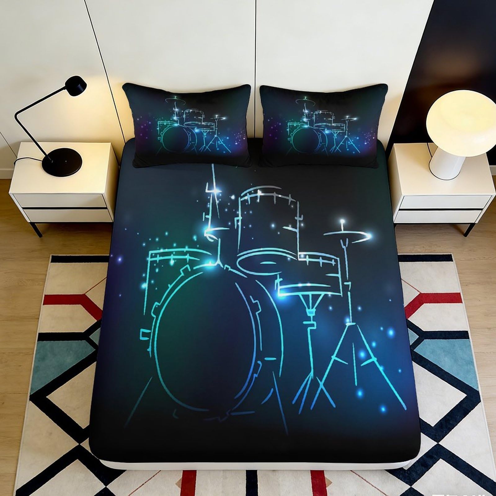 3D Printed Neon Drum Set Fitted Sheet Microfiber Black Music Theme Mattress Cover for Bedroom Dorm Artistic Decor 90x200x25cm