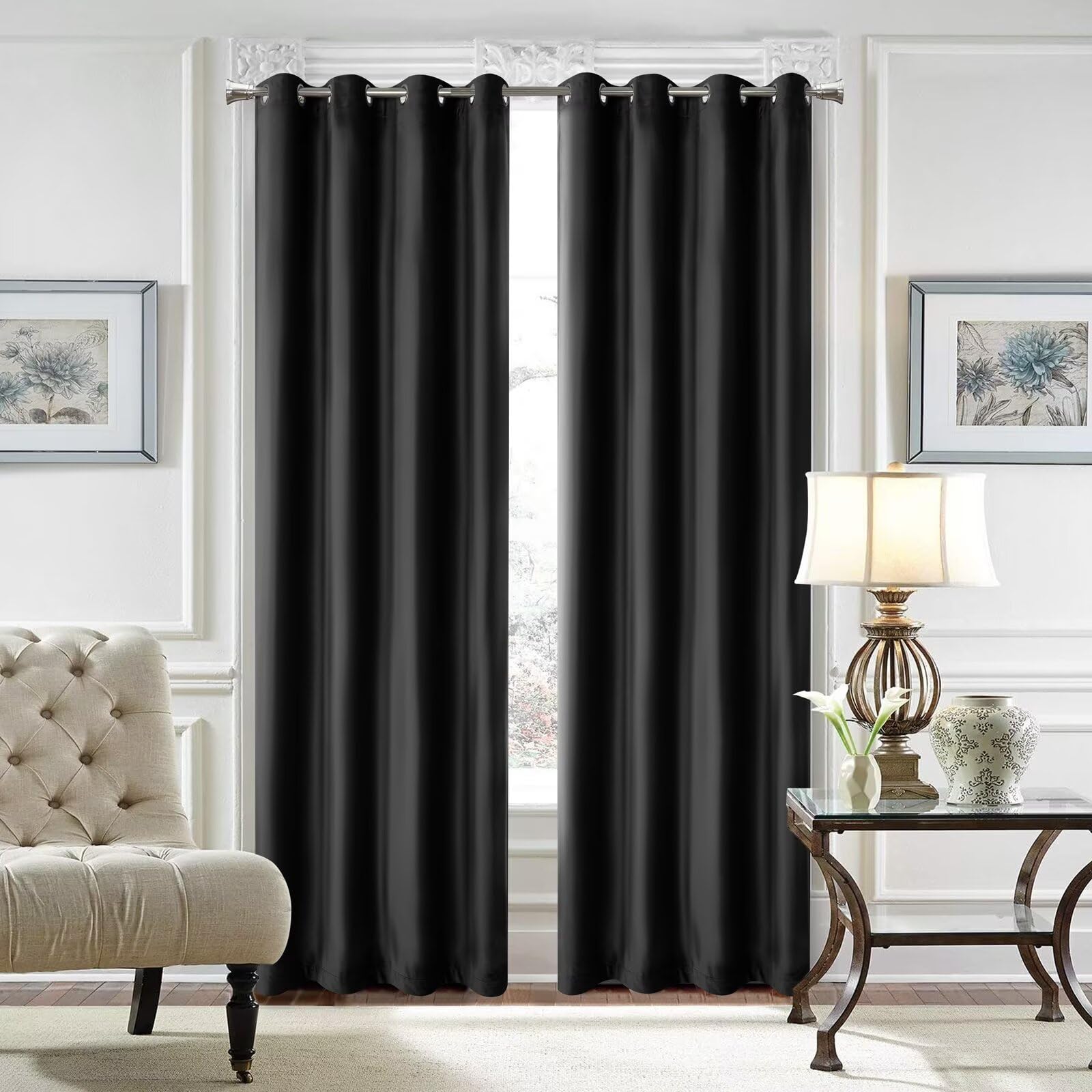 SSWH Blackout Curtains for Bedroom, Thermal Insulated Eyelet Curtains, Solid Colour Window Drapes for Living Room Privacy Protection(Size:84" W x 96" L(2 Panels),Color:Black)