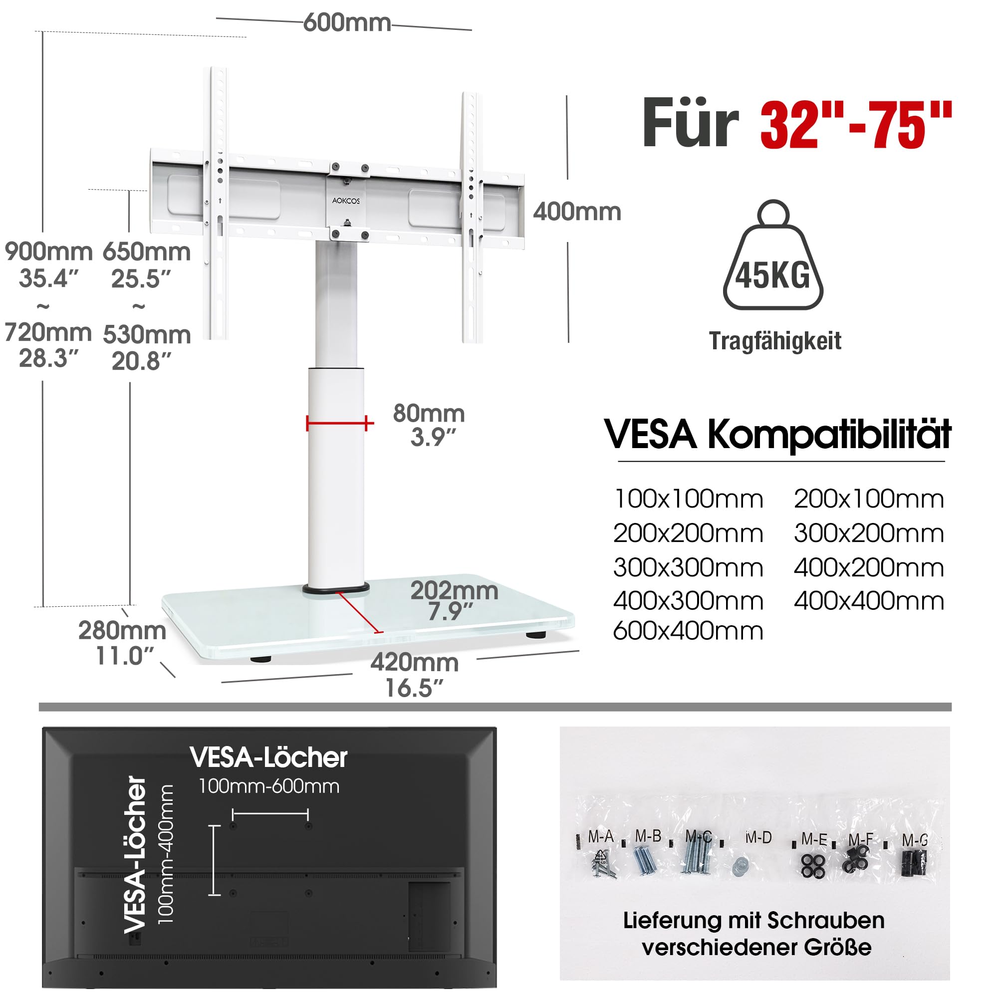 AOKCOS TV Standfuss TV Ständer Höhe 900mm für 32-55 65 75 Zoll Fernseher, Neigbar Schwenkbar Höhenverstellbar Fernsehständer, Universal TV Standfüße Standfuss Max VESA 600x400mm 45KG (Weiß)