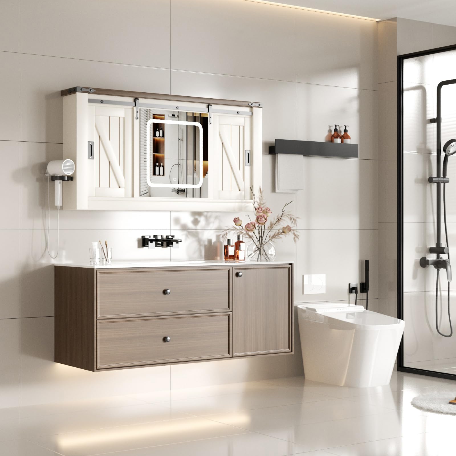Specchio Bagno Contenitore con Luce Mobile Bagno Armadietto con 5 Mensola Regolabile e Porta asciugacapelli 120 * 19 * 60 cm