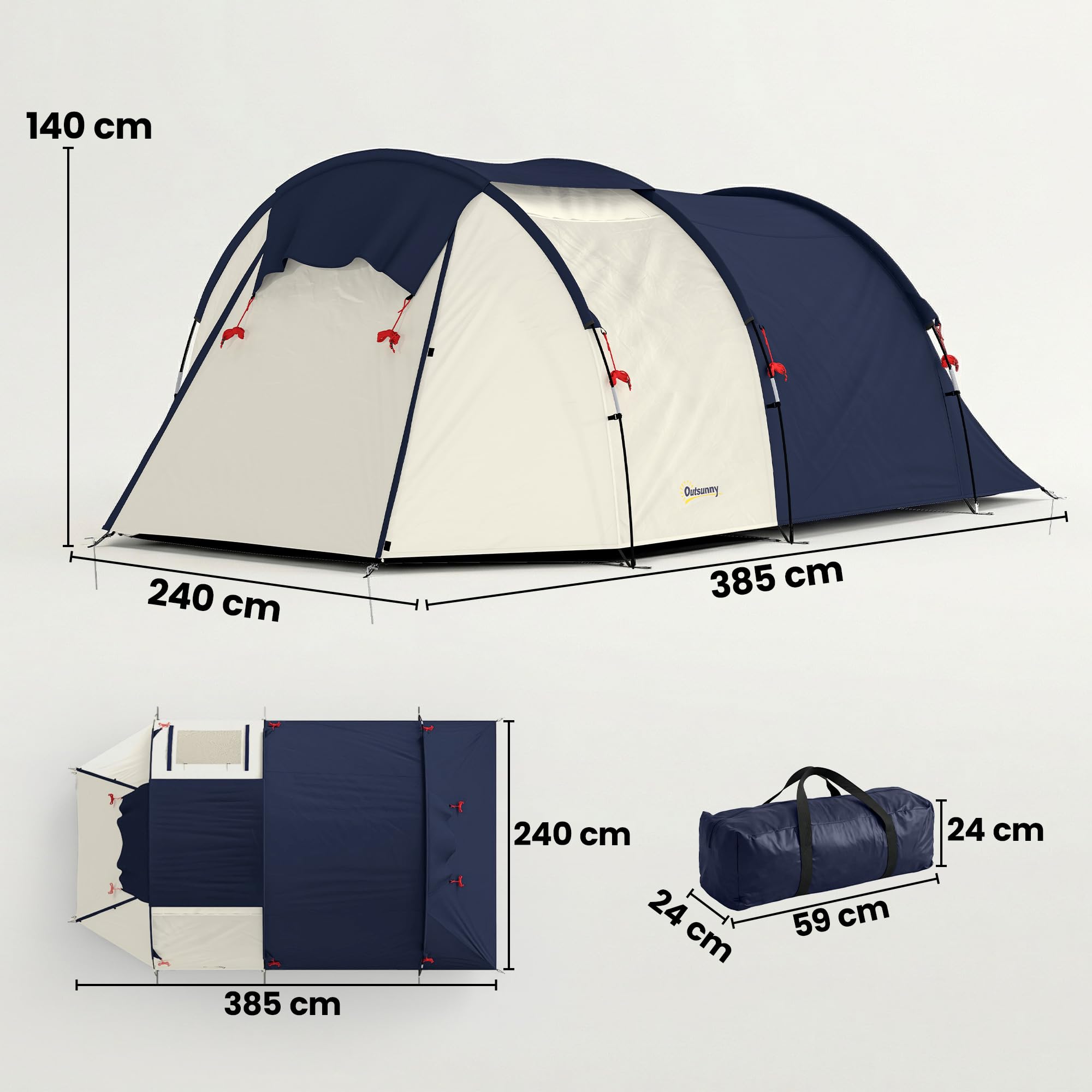 Outsunny Tunnelzelt 4 Personen Familienzelt mit Schlaf- und Wohnzimmer Fenstern Bodenplane Stehhöhe 3000 mm Wassersäule, wasserdicht Campingzelt mit Tragetasche Camping Zelt Marineblau+Cremeweiß