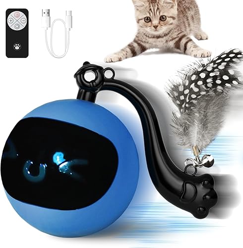 Pelota de juguete interactiva para gatos con control remoto, juguete de plumas de gato móvil y rodante, recargable por USB, juguete para gatos de