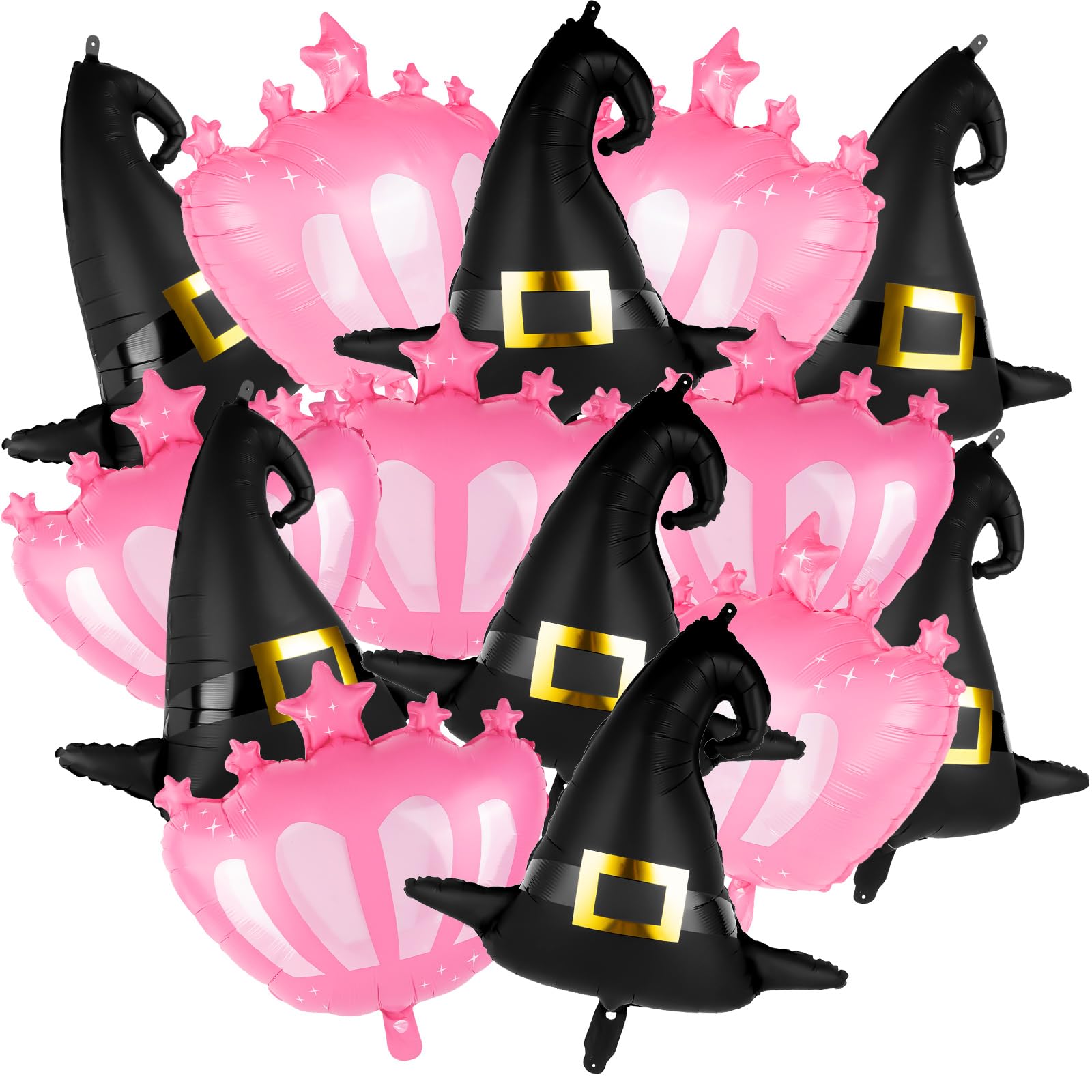 14 Pcs Halloween Foil Balloons, 6 Black Witch Hat Balloon and 6 Pink Princess Crown Balloons for Birthday Party Decorations