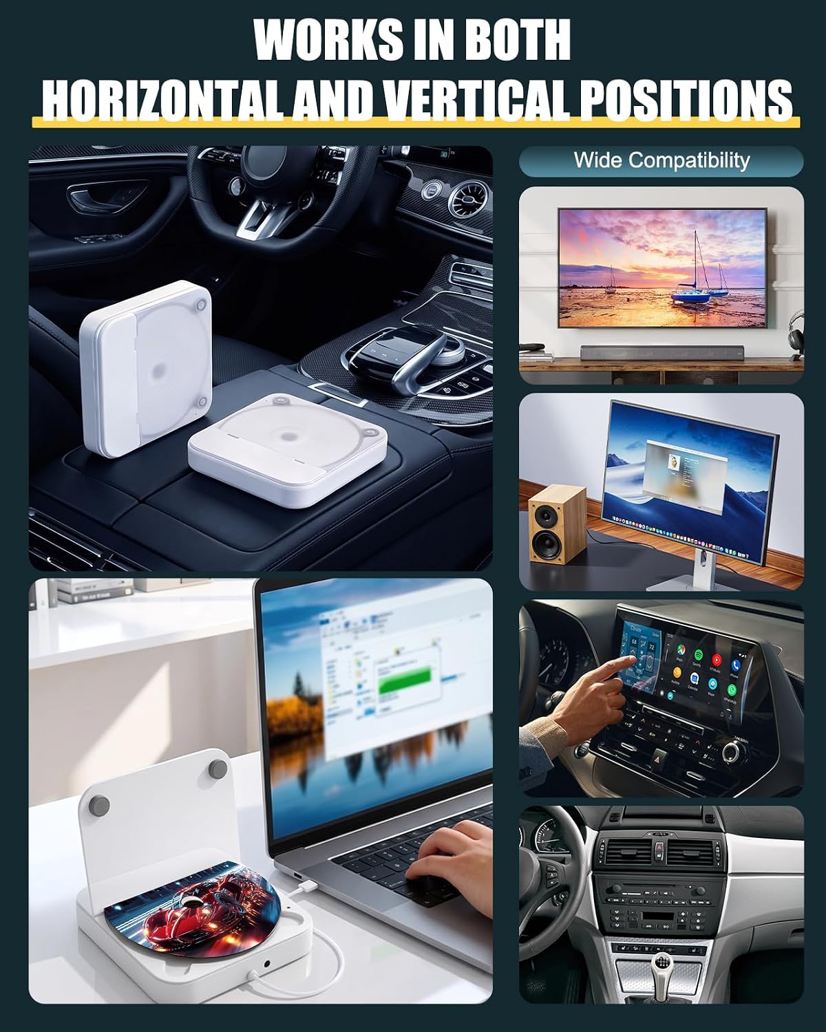 CD Player for Car USB Port AUX Port, External Car CD Player with USB-C Adapter, Extension Cable, for Cars Without CDs Player, Work Vertically and Horizontally for Car Stereo