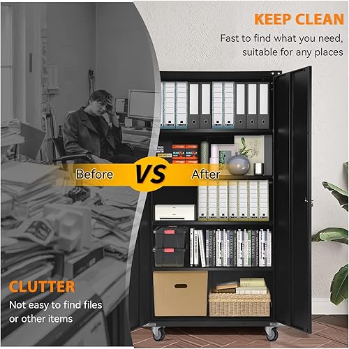 Miniatura 6 de INTERGREAT Armario de almacenamiento de metal con ruedas, gabinete de almacenamiento de garaje de 75 pulgadas con puerta y 4 estantes, armario de