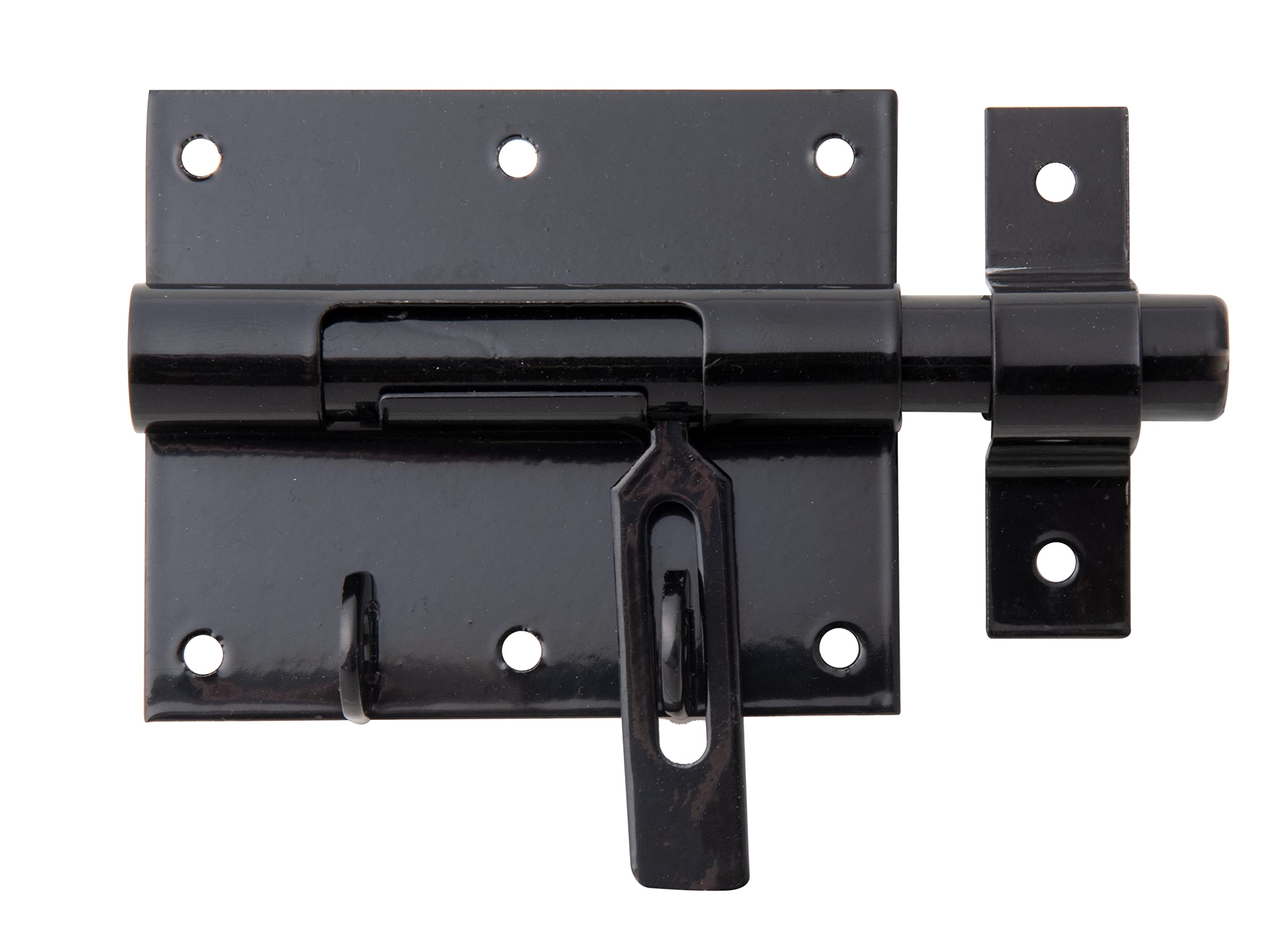 Alberts 137335 Verrou porte-​cadenas | avec gâche attachée | plastifié noir | plaque 95 x 79 mm | Ø du boulon 15,​5 mm | longueur totale 135 mm