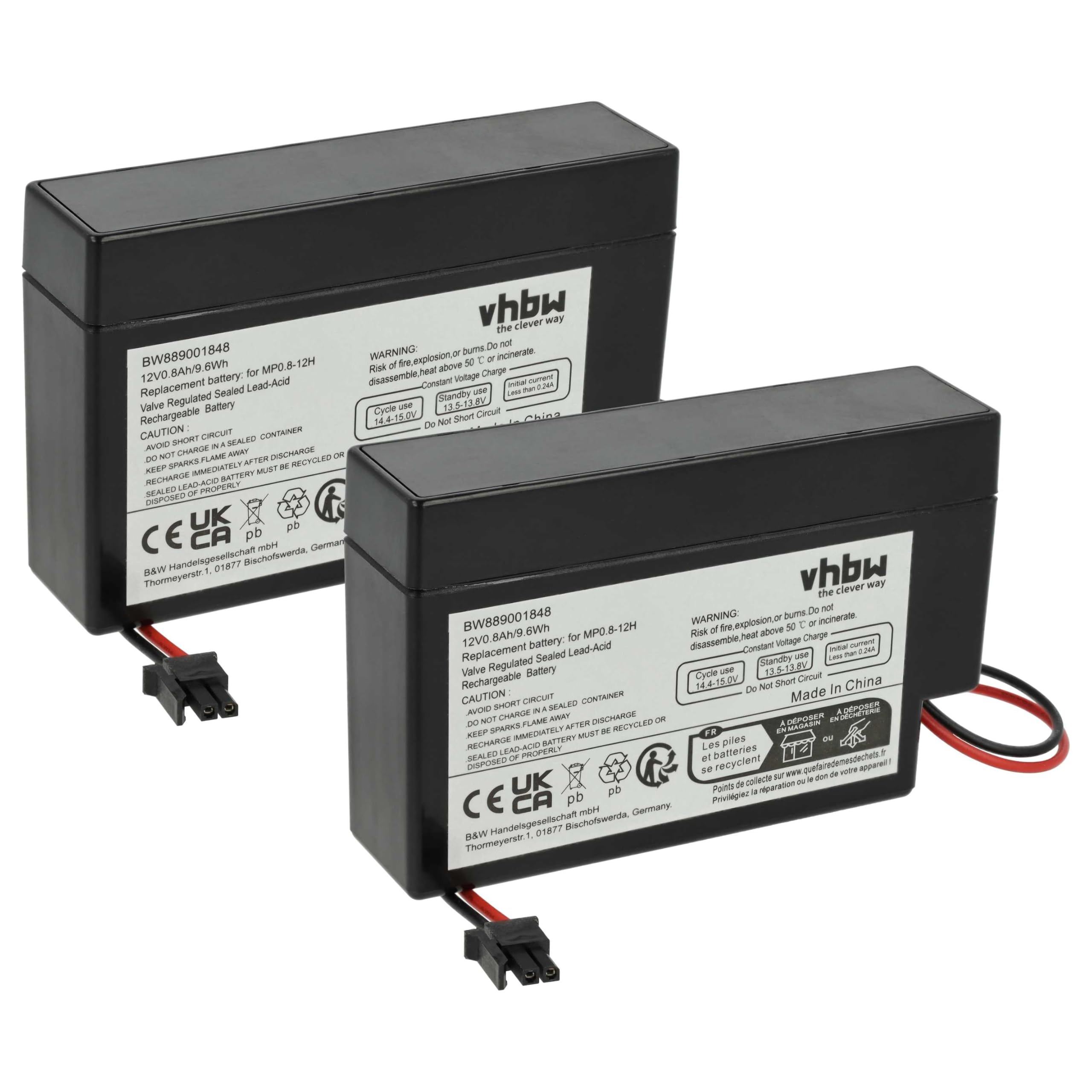 vhbw 2 x akumulator zamienny do Vision CP1208 do (800 mAh, 12 V, AGM, wtyczka AMP)