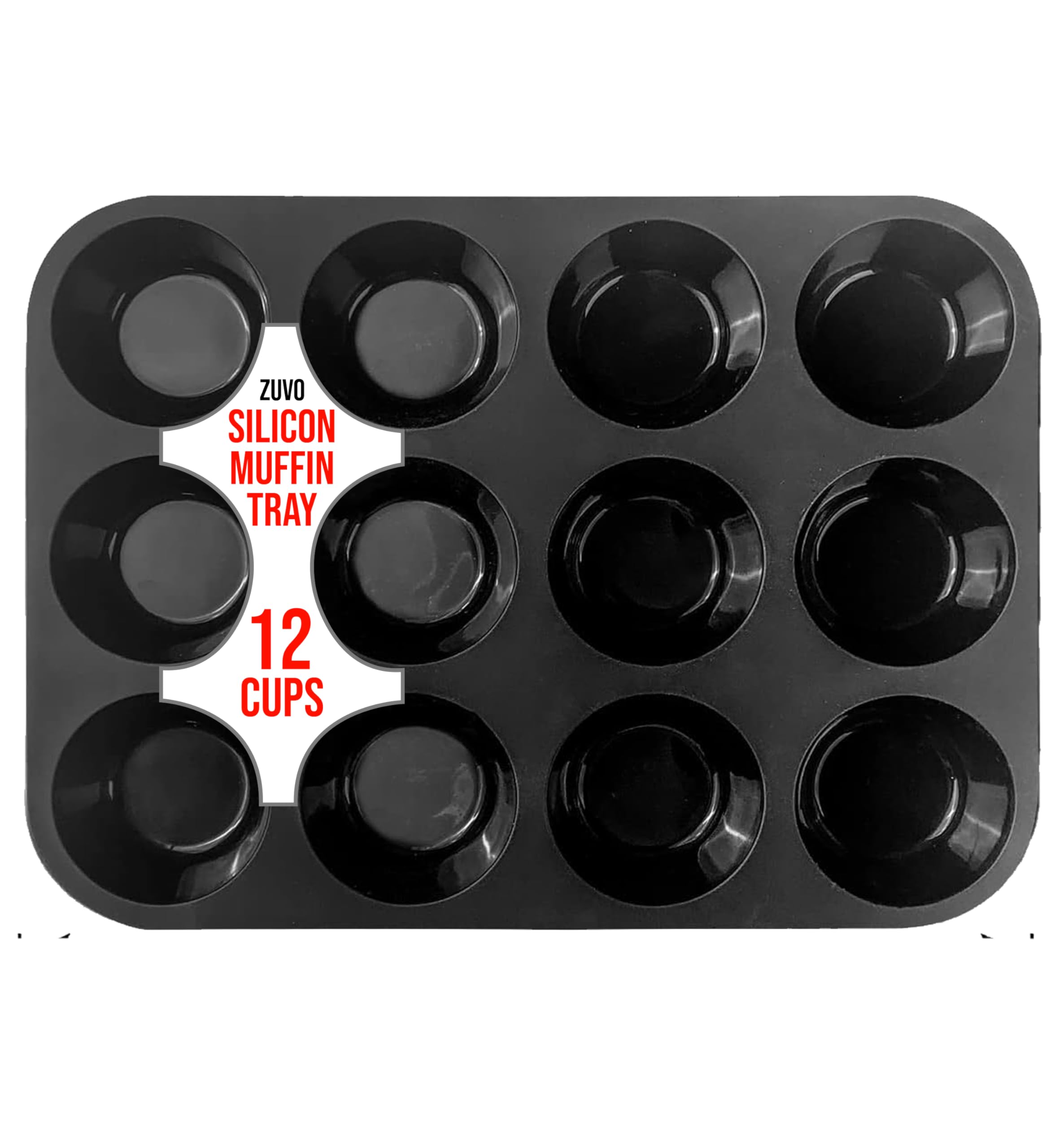 Zuvo Silicon Muffin Tray 12 Cups - Non Stick Black Baking Mold for Cupcakes and Brownies (23x31cm) - Perfect Baking Tray