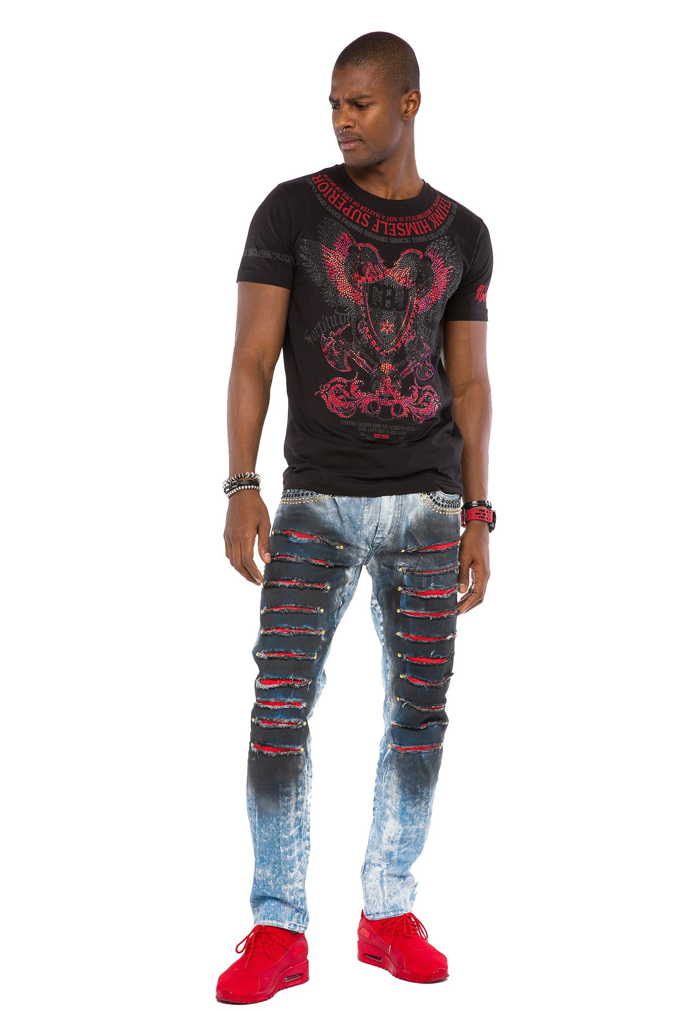 Cipo & Baxx Herren Jeans Hose | Destroyed & Ripped Denim | Biker Style | Patches & Nieten | Slim, Regular & Straight Fit