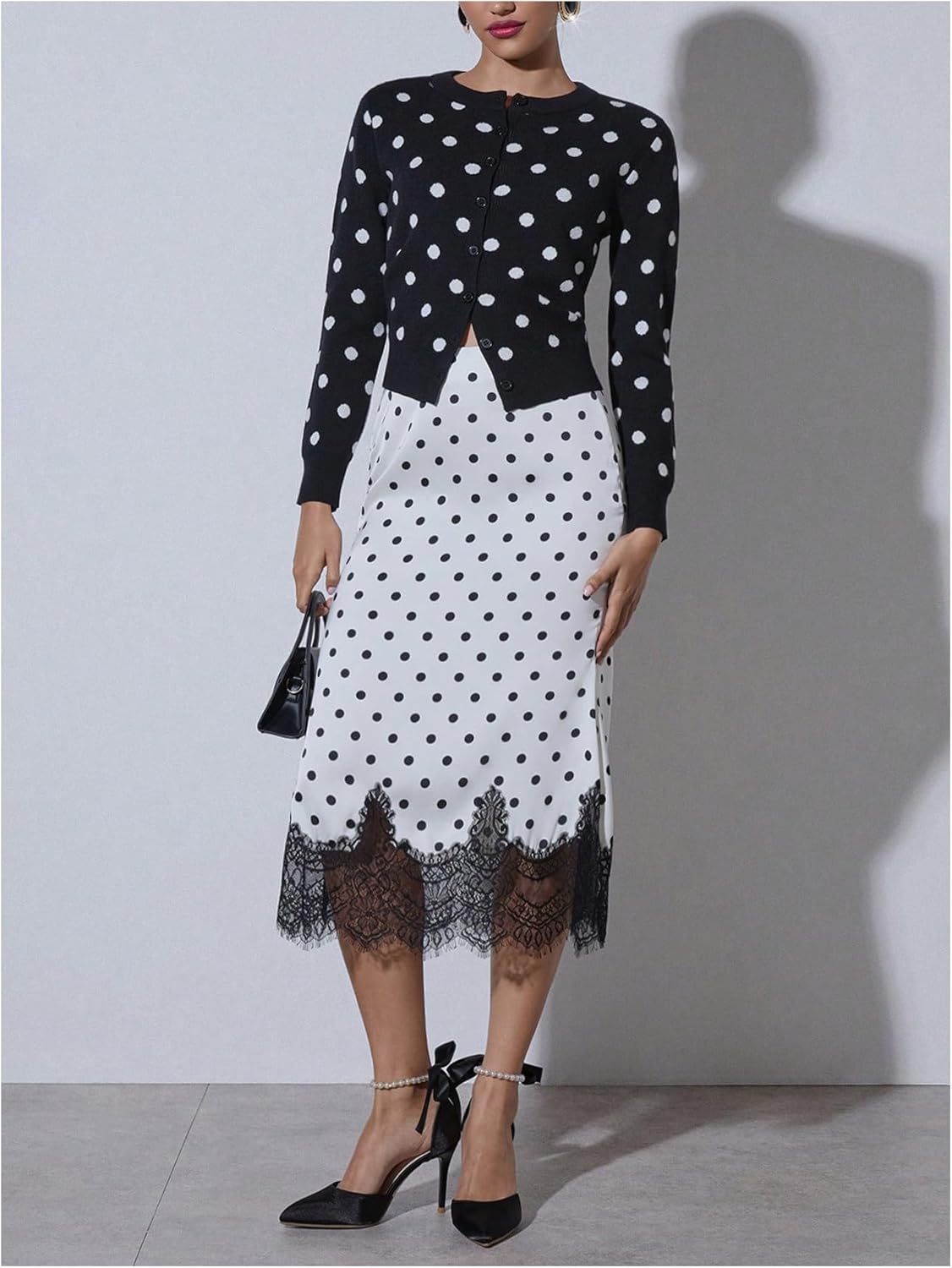 MakeMeChic Women's Work Polka Dots Lace Midi Skirt Business High Waist Pencil Skirts