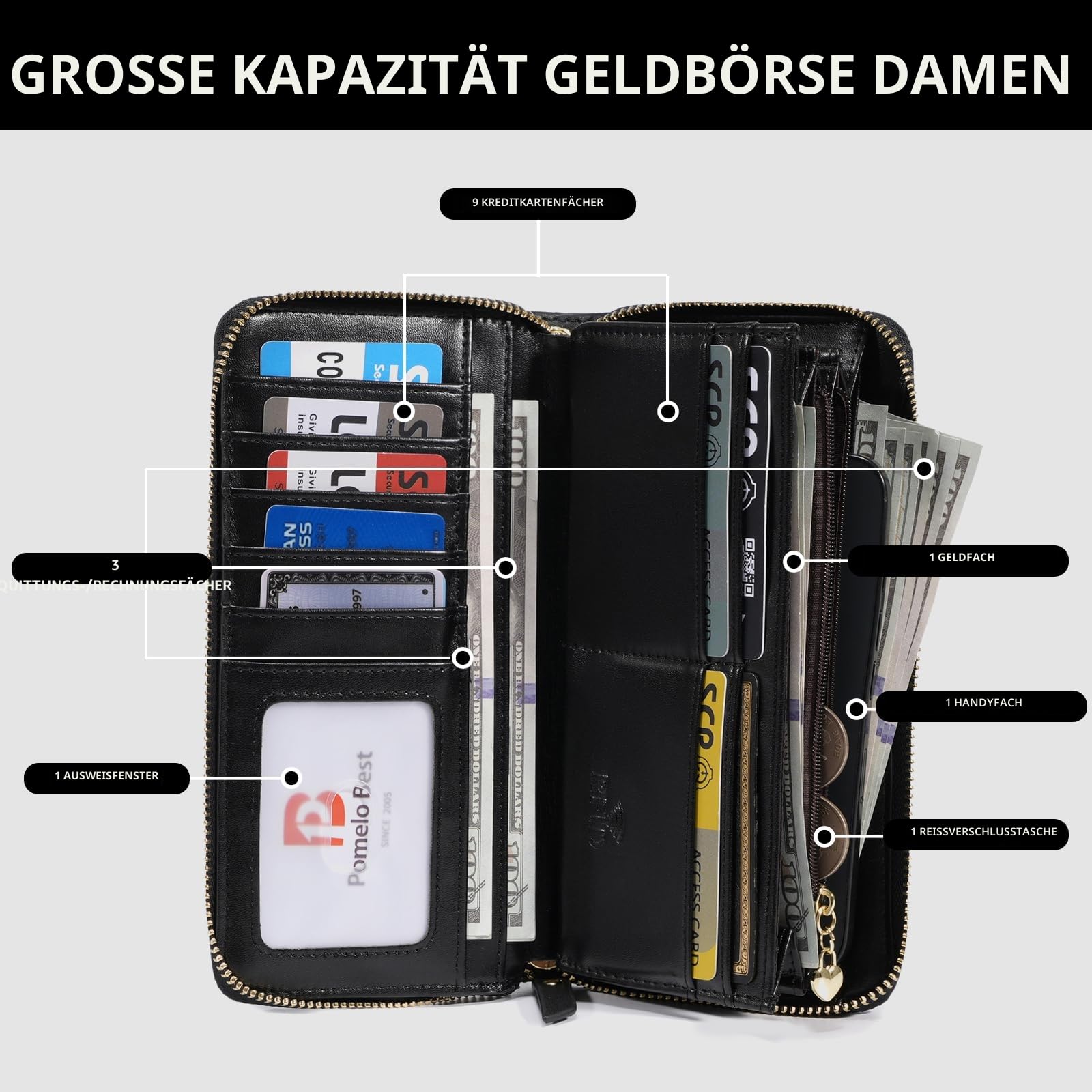 Pomelo Best Geldbörse Damen groß im Langformat Blumen Prägung Reißverschluss Portemonnaie mit RFID-Blockierung und vielen Fächern Schwarz