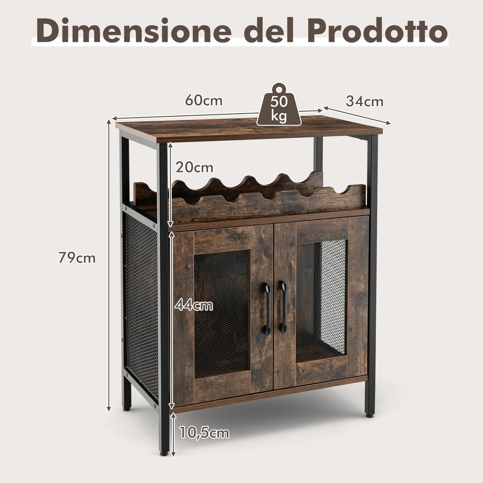 GYMAX Armadio per Vino per 5 Bottiglie Rimovibile, Armadietti di Vino con 6 Porta Calici, Mobile da Vino in Rete Metallica per Cucina, Sala da Pranzo, Industriale, 60 x 34 x 79 cm (Marrone)