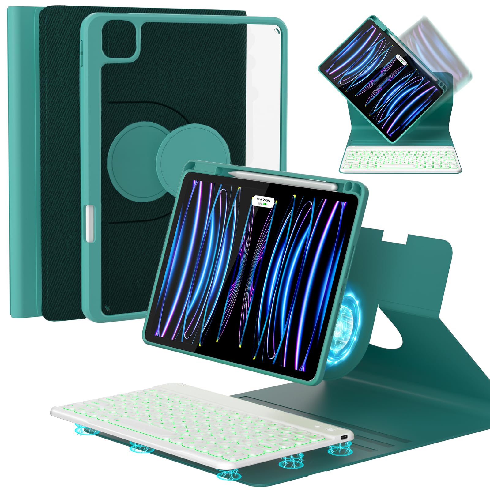 OPAKIT Magnetic Backlit Keyboard Case for iPad Pro 12.9-inch (6th, 5th, 4th, 3rd Generation) - 360 Rotatable Detachable - Wireless Keyboard Case for iPad 2018, 2020, 2021, 2022 (Teal)