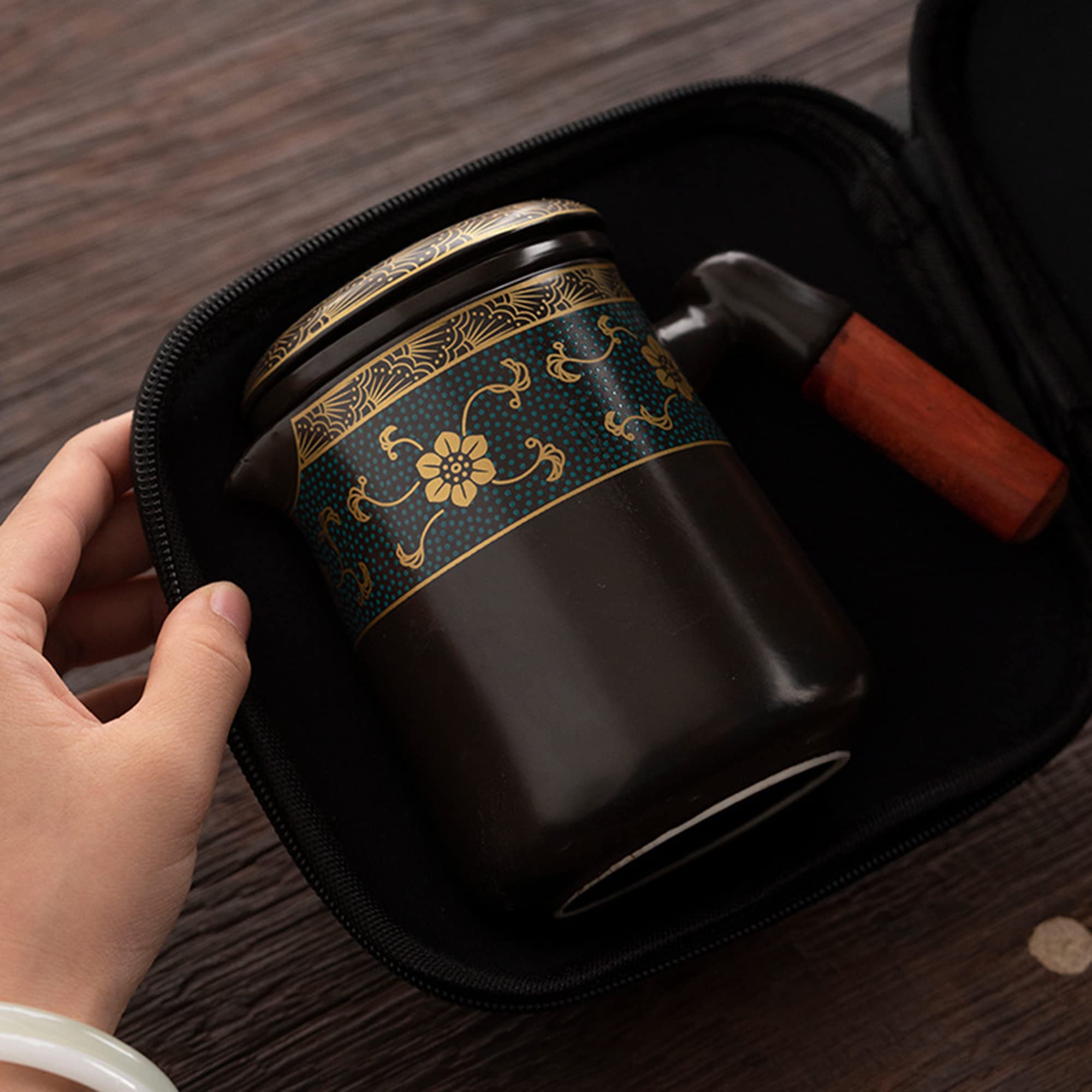 fanquare Czarny zestaw do herbaty Gongfu podróżny, chiński zestaw do herbaty kung fu ze złotym wykończeniem, porcelanowy zestaw do herbaty z przenośną torbą