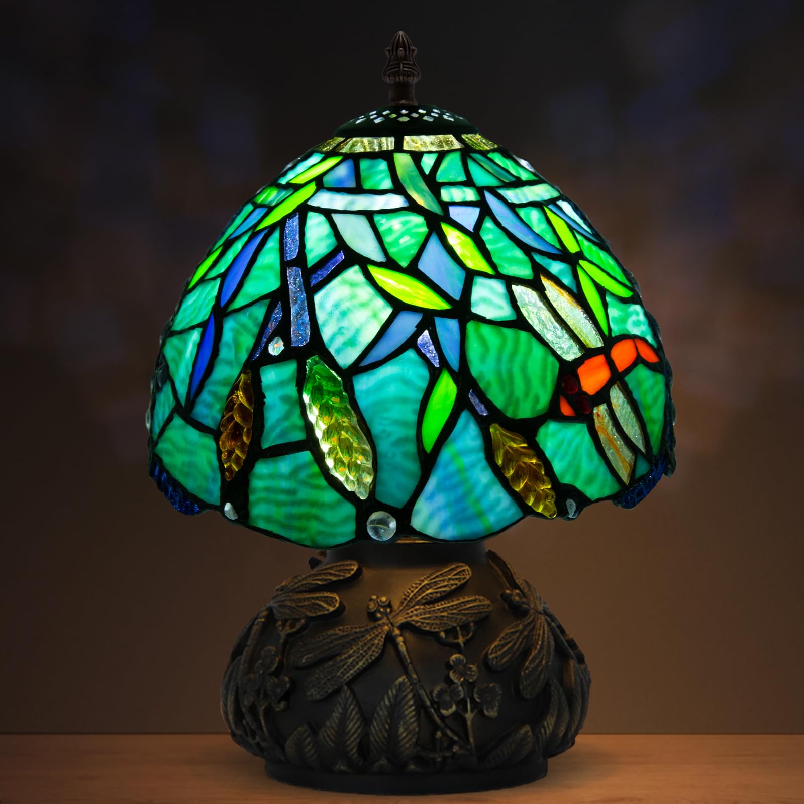 JHuiLap Small Tiffany Stained Glass Lamp, 3 Color Temperatures Bedside Lamp, 8 Inch Mushroom Desk Light for Bedroom Living Room Office Home Decor (