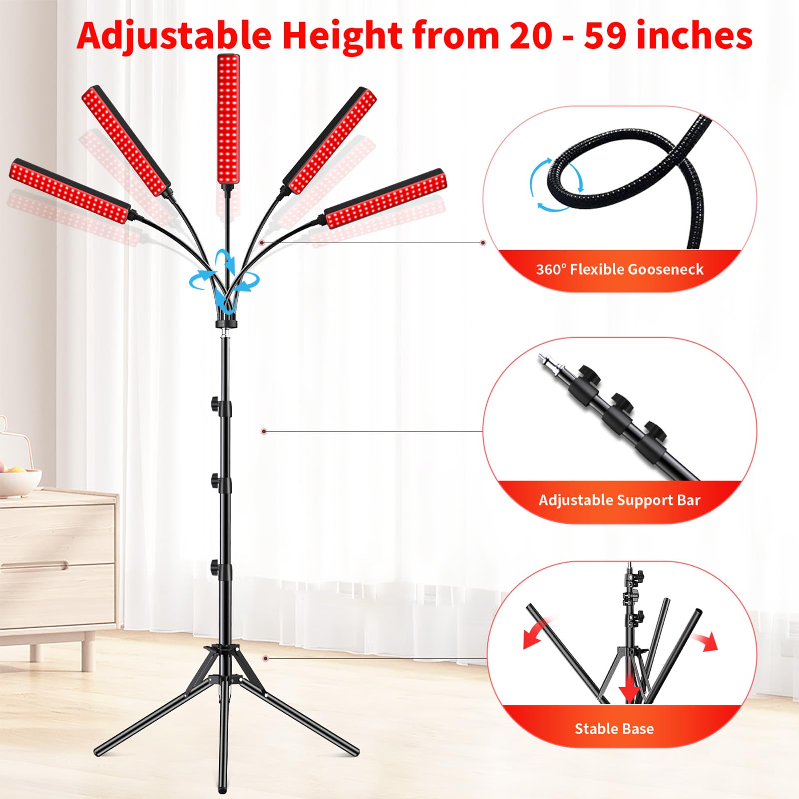 Red Light Therapy for Face Body Red Light Infrared Light Therapy Lamp with Stand LED 660nm 850nm 5 Heads Infrared Light Device for Body Face Skin Muscle