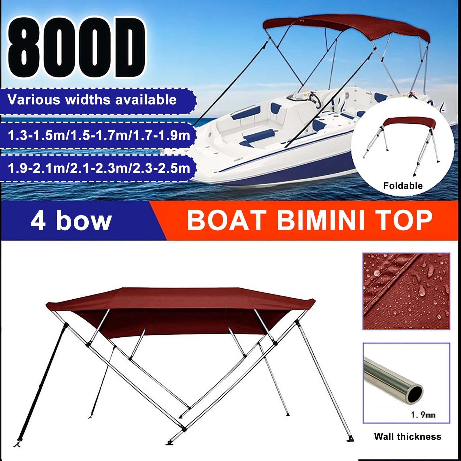 Bimini Top per Barche - Copertura impermeabile per barca con pali di supporto posteriori, tela di ricambio, diverse opzioni disponibili
