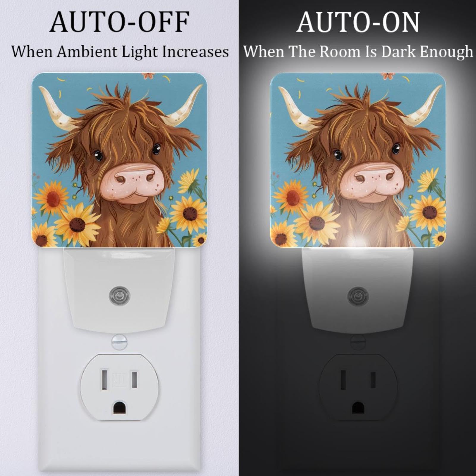 NEWzone Sunflower Highland Cow Night Light Plug into Wall Decor 2 Pack, Decorative Night Light for Kids, Plug in Night Lights for Bedroom Living Room, Gift for Kids Adults