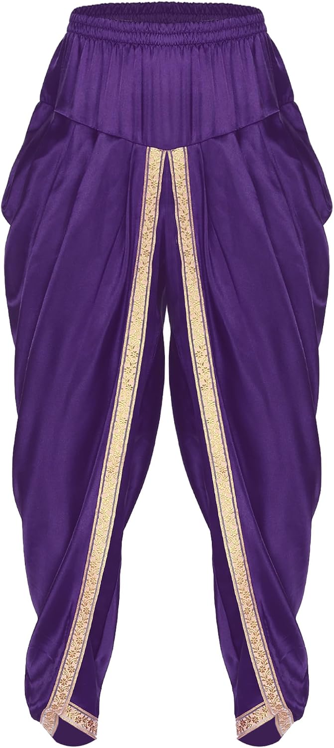 JanJean Mens Satin Indian Dhoti Style Pants Casual Elastic Waist Harem Indian Wedding Party Boho Hippie Trousers
