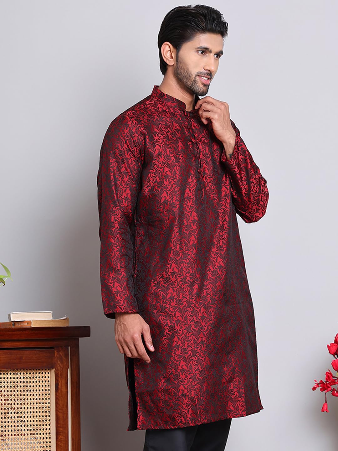 Jompers Men's Jacquard Silk Kurta(Maroon, X-Large)